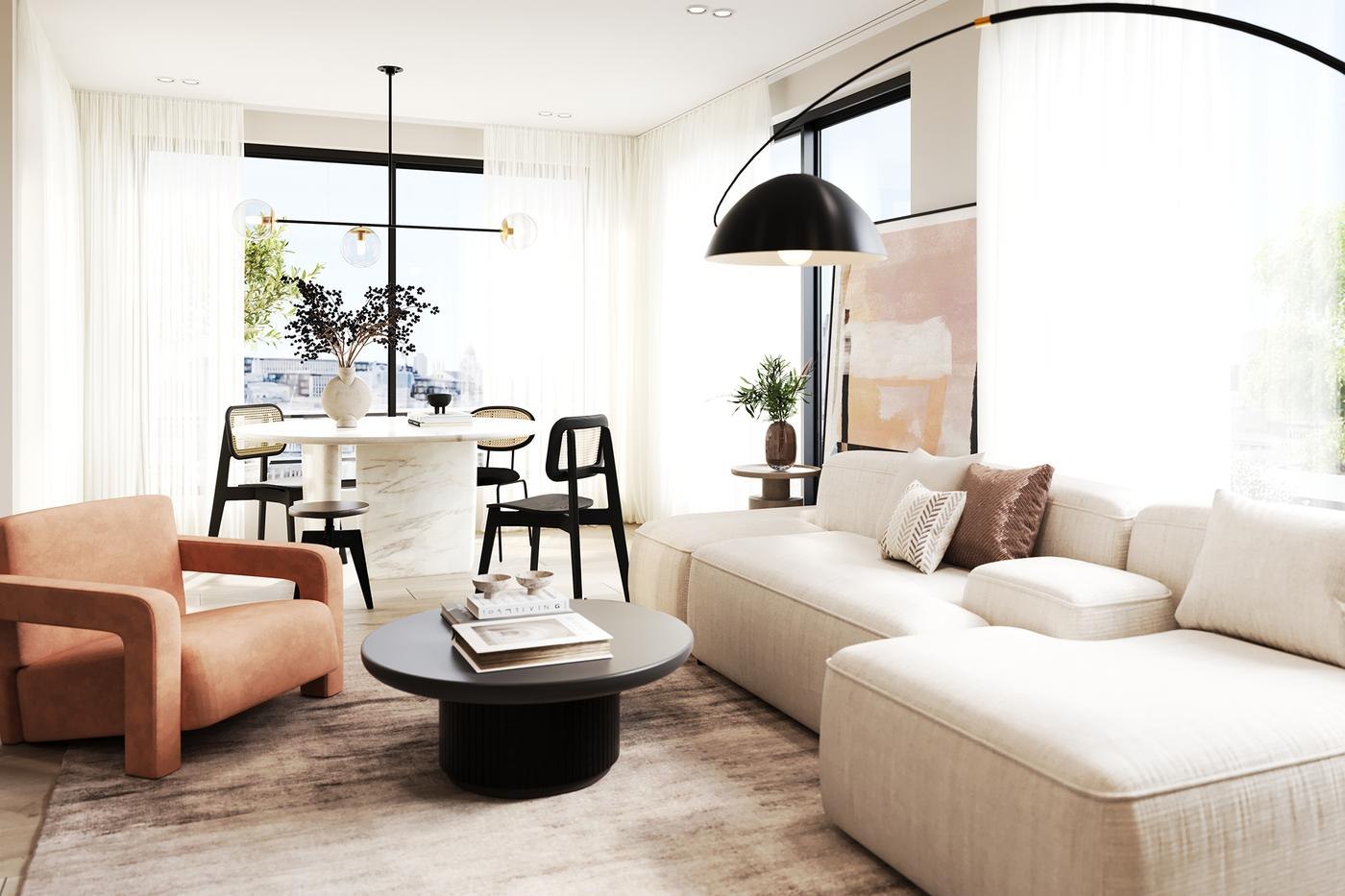 Ferdinand Apartments living room CGI from the second view, Camden — by HDEY