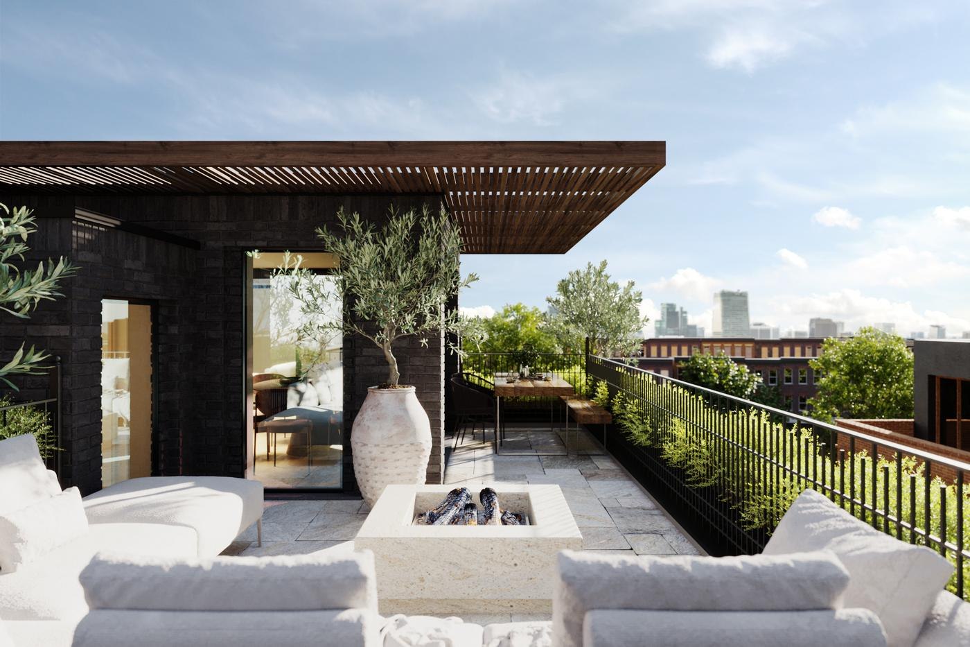 Ferdinand Apartments roof terrace CGI with pergola, outdoor seating and planting, Camden — by HDEY