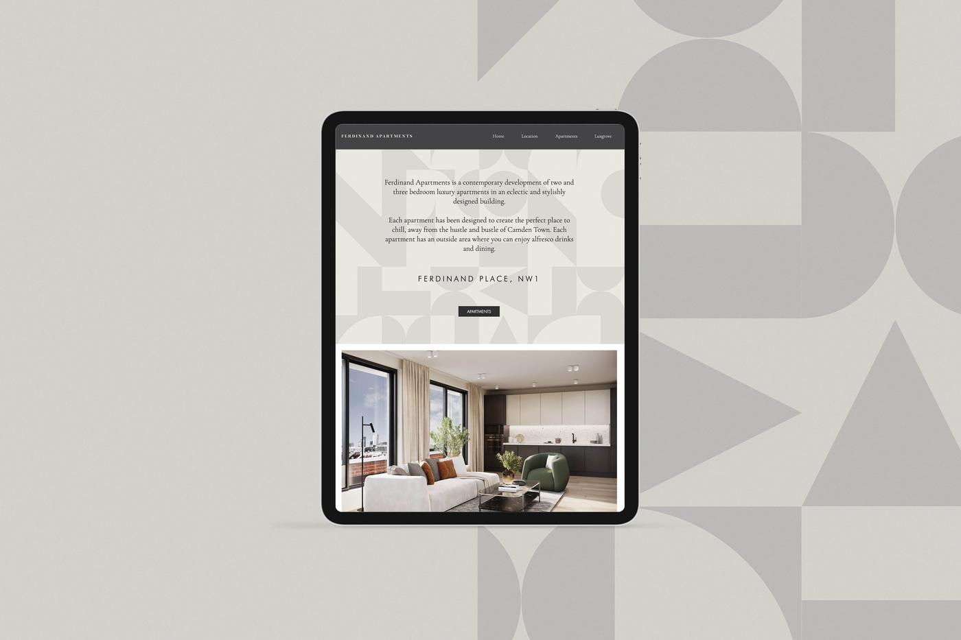 Ferdinand Apartments website shown on a tablet against the brand pattern, by HDEY