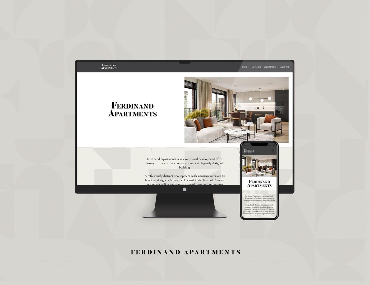 Ferdinand Apartments website shown on desktop and phone, web design by HDEY