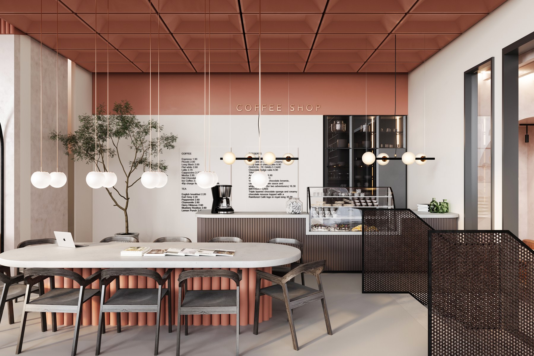 Fieldhouse CGI of a coffee shop within a student accommodation communal space, with a terracotta slatted ceiling, fluted counter and long communal table