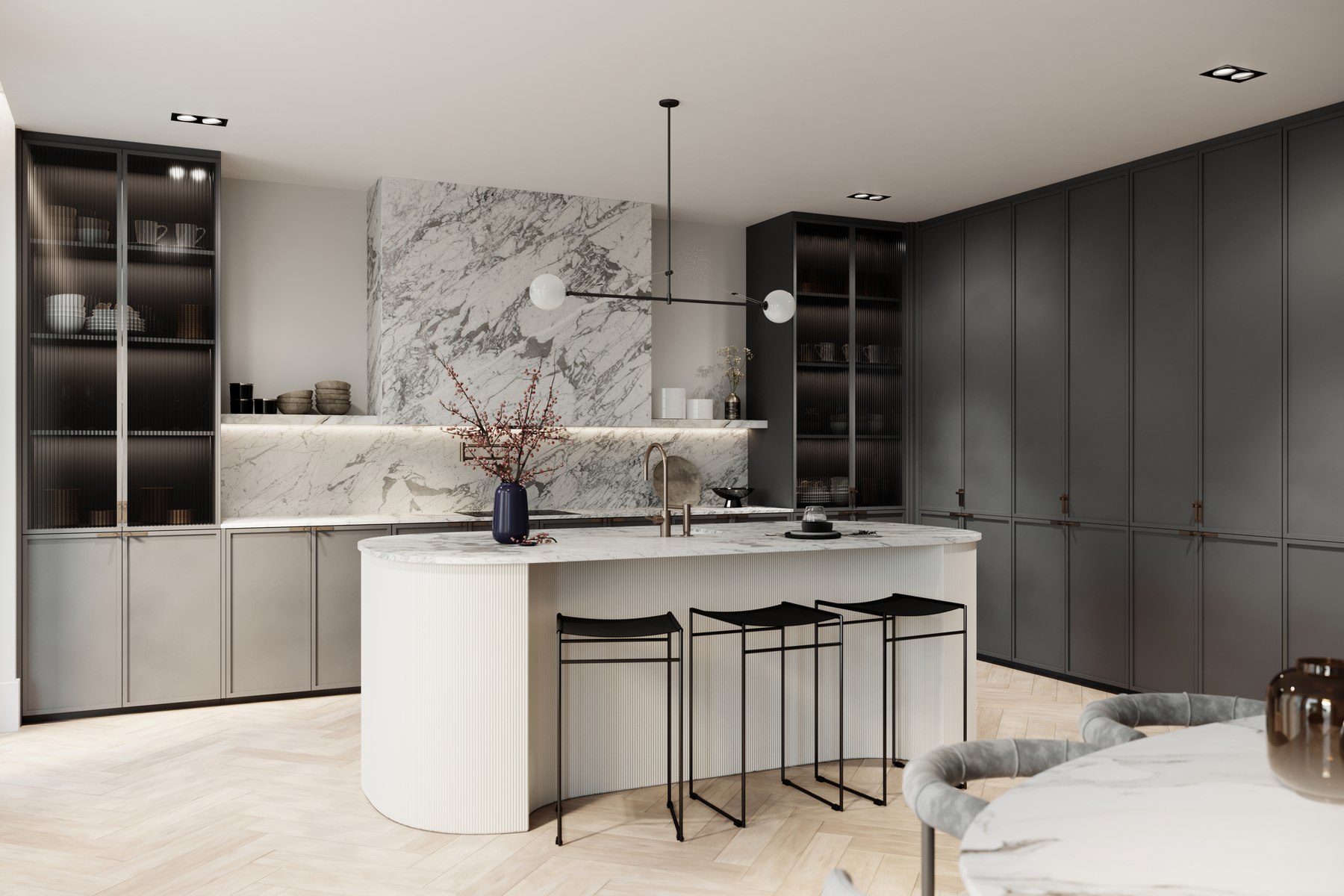Fieldhouse CGI of a residential kitchen with dark cabinetry, a fluted island and a marble splashback