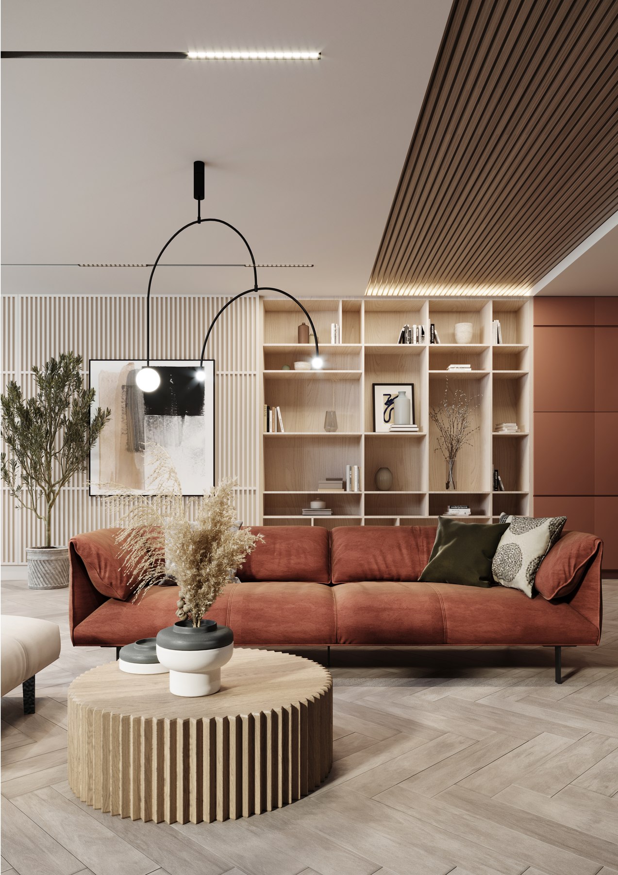 Fieldhouse CGI of a communal lounge with a terracotta sofa, pale timber shelving, slatted ceiling and herringbone flooring