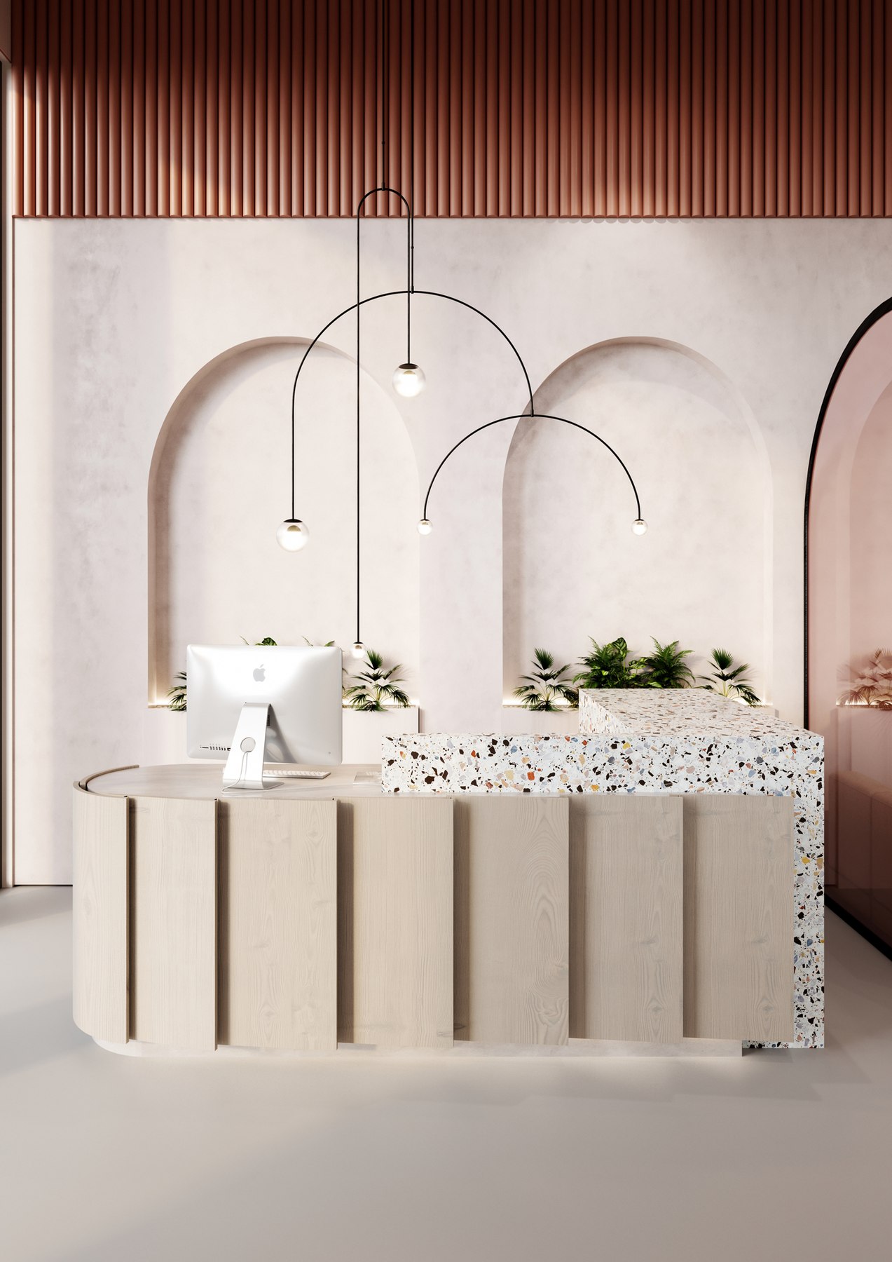 Fieldhouse CGI of a reception with a fluted timber desk, terrazzo counter, arched niches and mobile pendant lighting