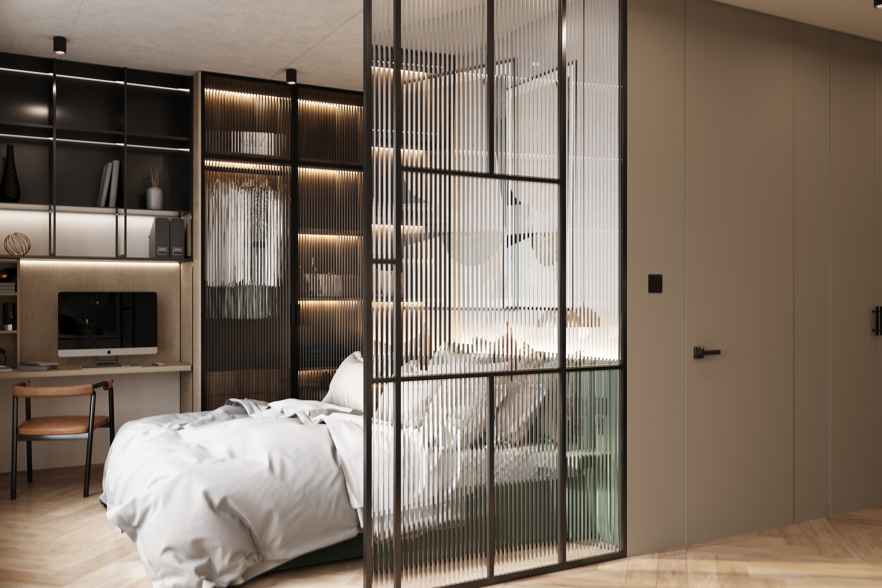 Fieldhouse CGI of a student studio with fluted glass screen, integrated desk and joinery wall