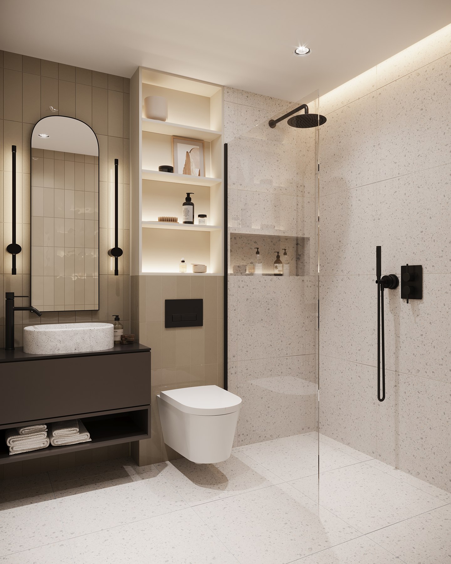 Fifty One bathroom CGI with terrazzo, stacked clay tiling, a lit niche, dark vanity and arched mirror, Ealing — specification by HDEY