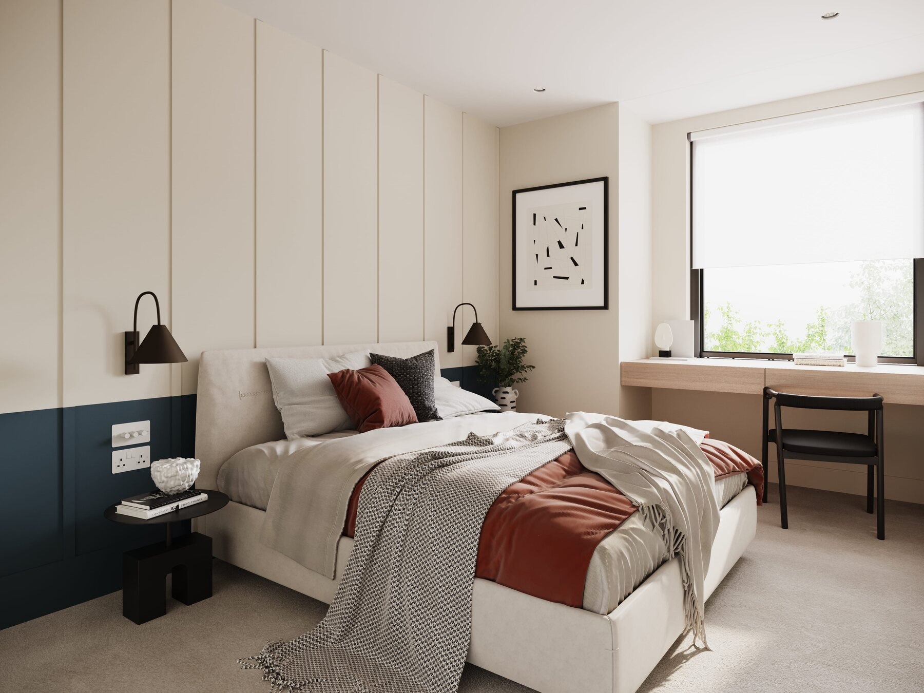 Fifty One bedroom with a panelled headboard wall over a navy dado, rust bedlinen and a built-in desk at the window, Ealing — interior design by HDEY