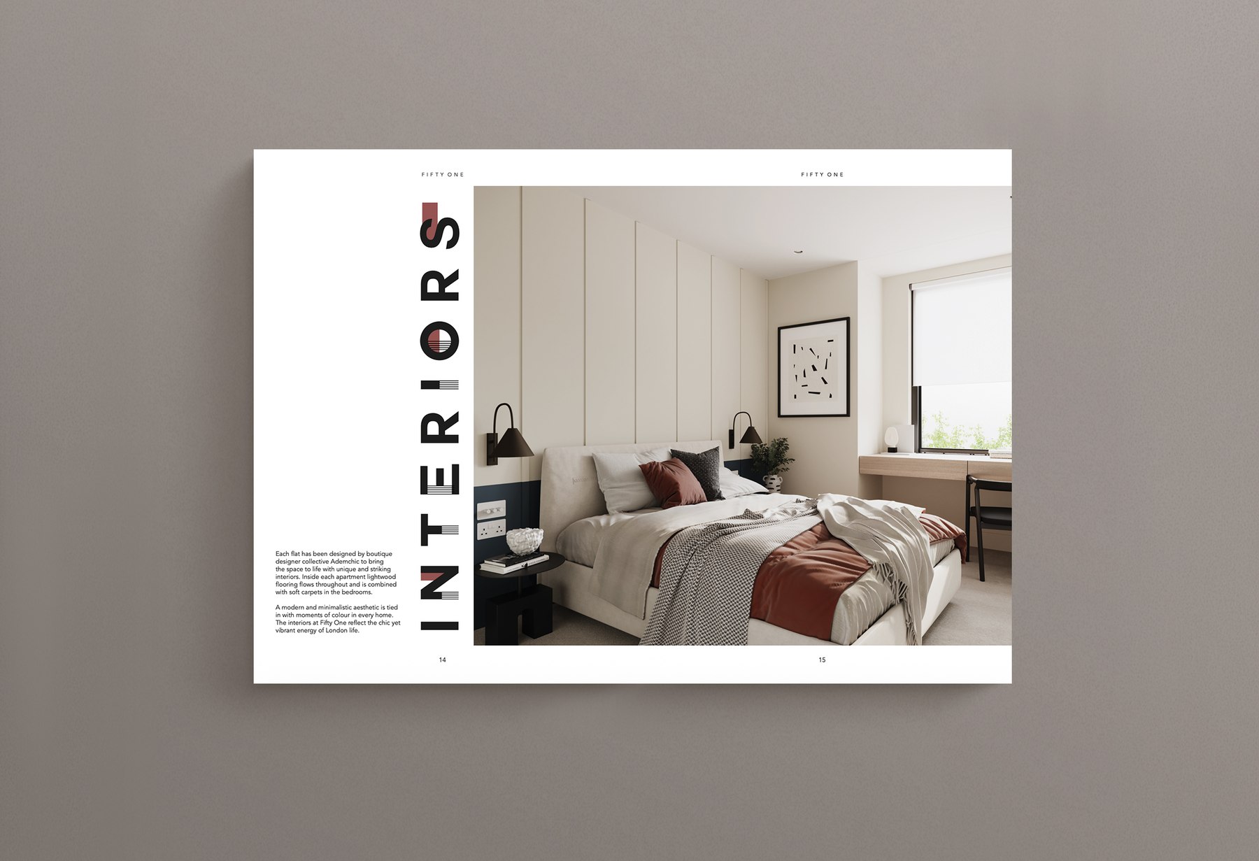 Fifty One brochure open at the Interiors spread with INTERIORS set vertically beside the bedroom photography, print design by HDEY