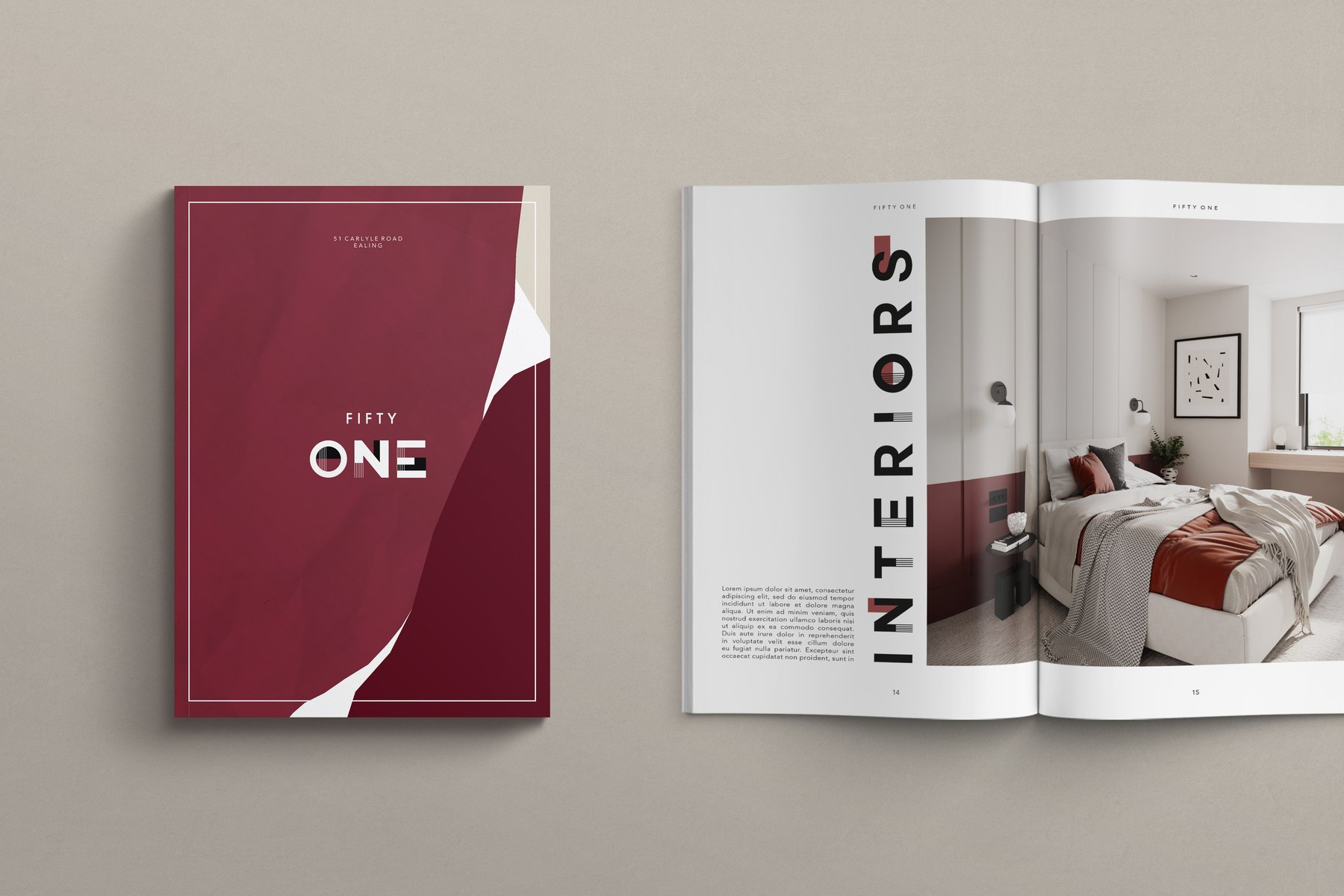 Fifty One brochure cover in deep burgundy with the logotype and 51 Carlyle Road Ealing, alongside the Interiors spread, print design by HDEY