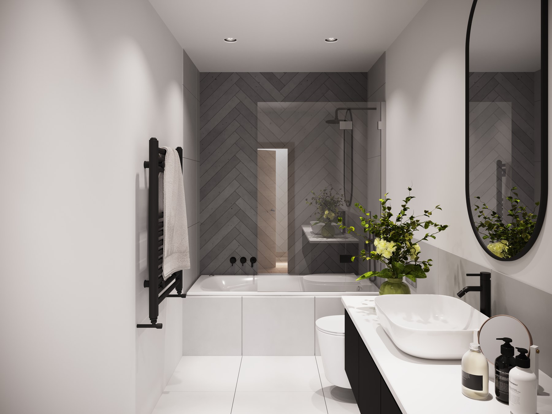 Fountain Gates bathroom CGI with a grey herringbone tiled feature wall, black brassware, dark vanity and an oval mirror, Thornton Heath — marketing visual by HDEY