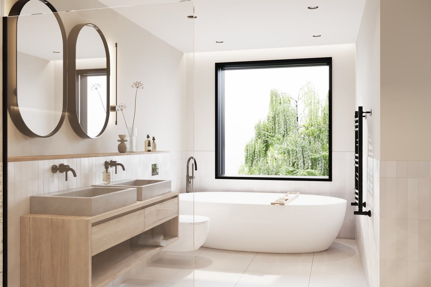 Foxmore Place bathroom CGI with twin round mirrors, timber vanity and freestanding bath, Crystal Palace — by HDEY