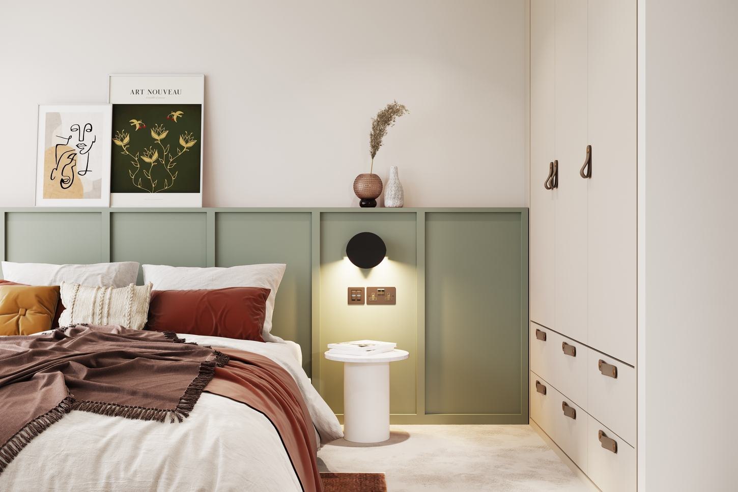Foxmore Place bedroom CGI with olive green panelled headboard wall, Crystal Palace — by HDEY