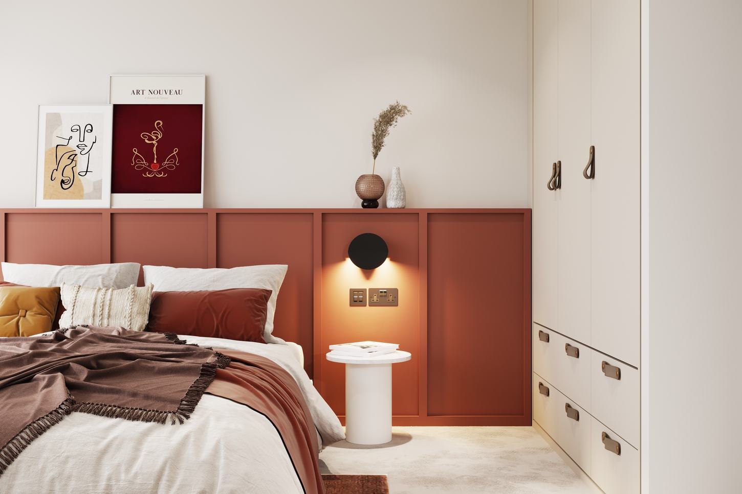 Foxmore Place bedroom CGI with terracotta panelled headboard wall, Crystal Palace — by HDEY