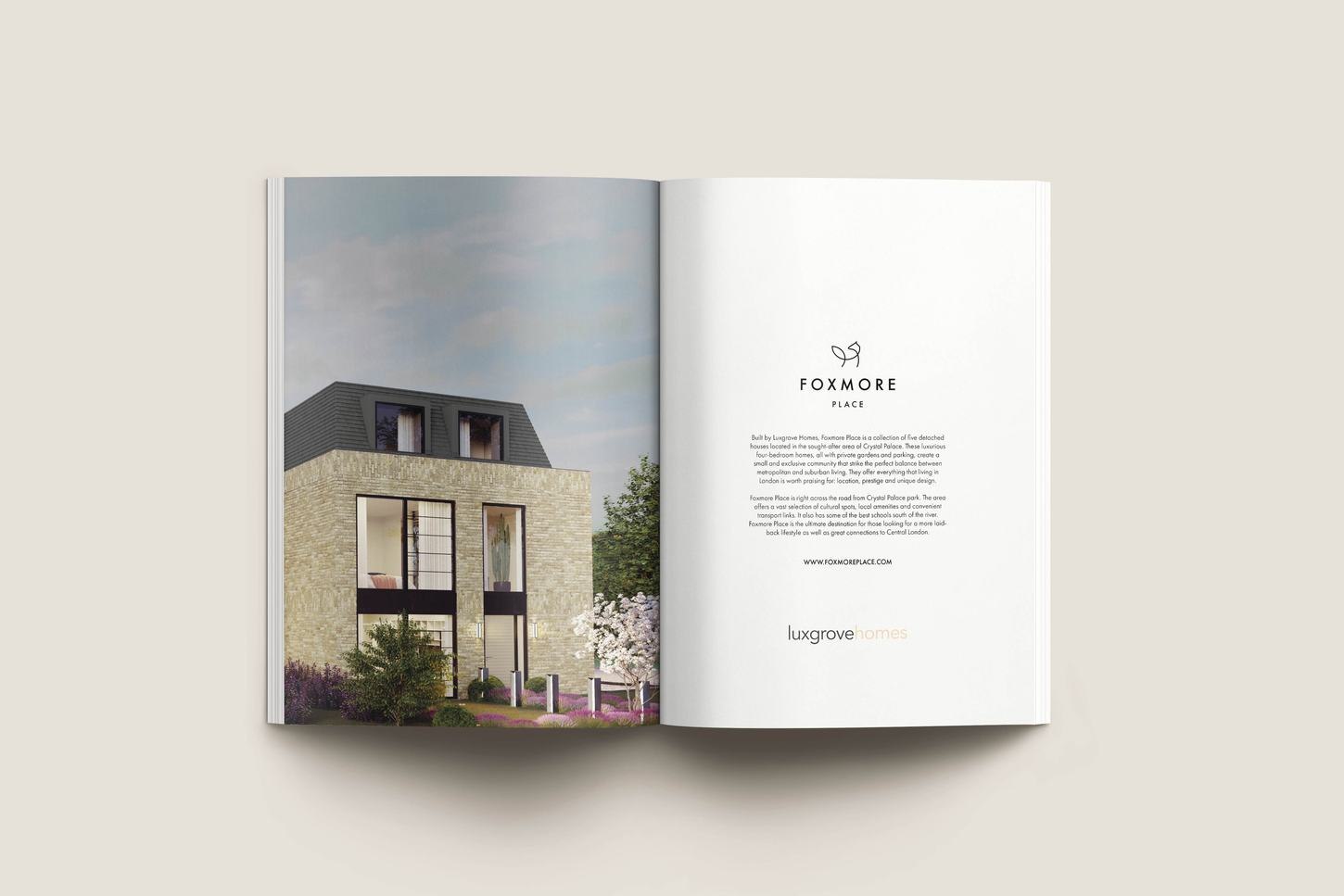 Foxmore Place brochure open at an exterior spread, print design by HDEY