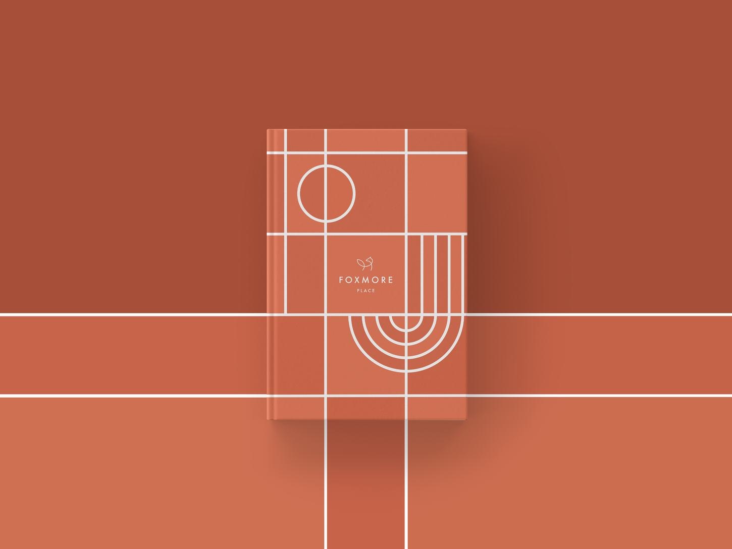 Foxmore Place brochure cover in terracotta with the line-drawn fox mark, print design by HDEY