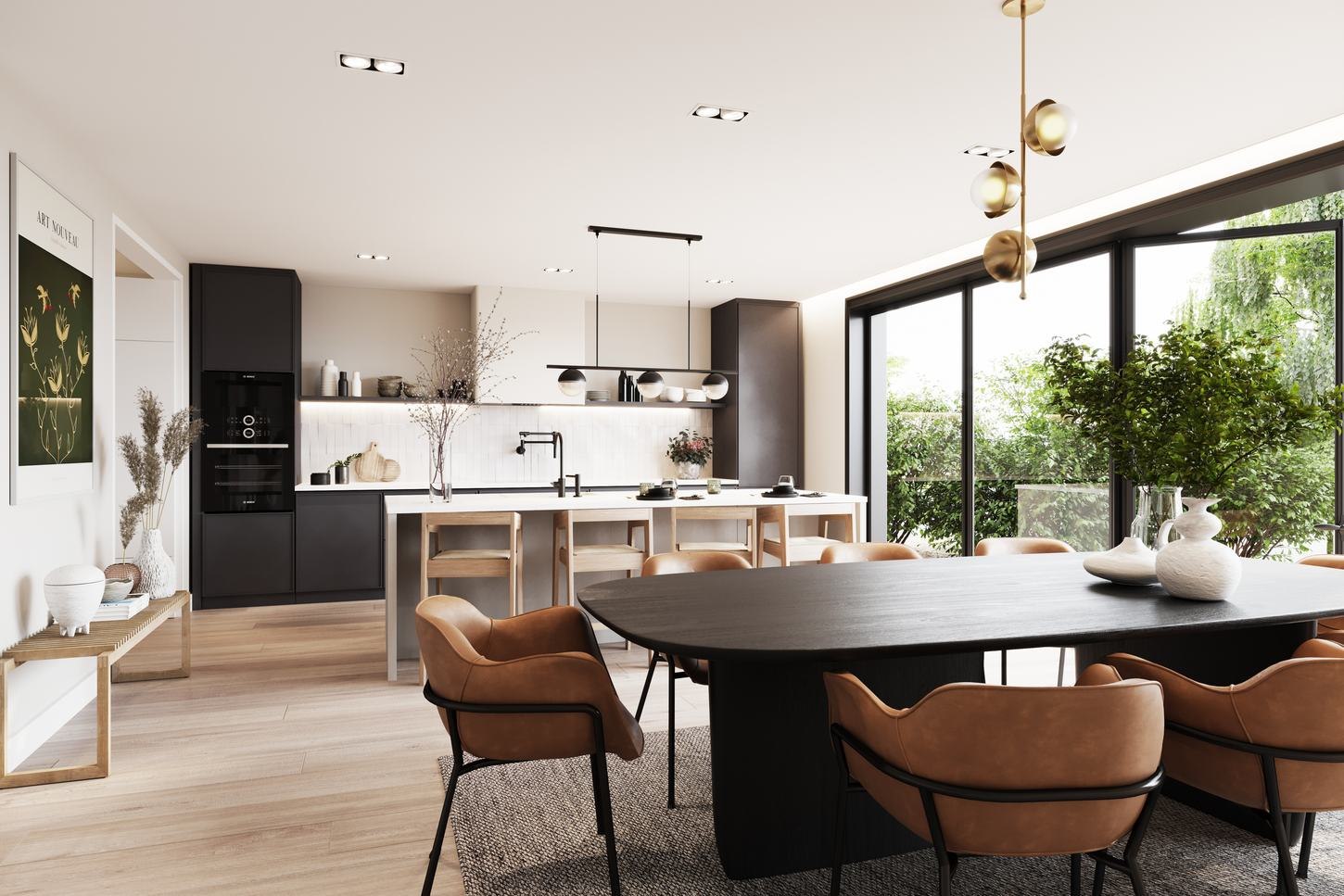 Foxmore Place dining and kitchen CGI with dark cabinetry and pendant lighting, Crystal Palace — by HDEY