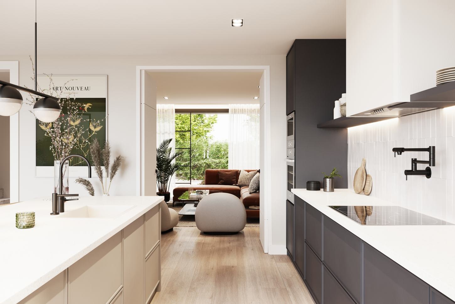 Foxmore Place open-plan kitchen and living CGI with tan leather sofa and dark joinery, Crystal Palace — by HDEY