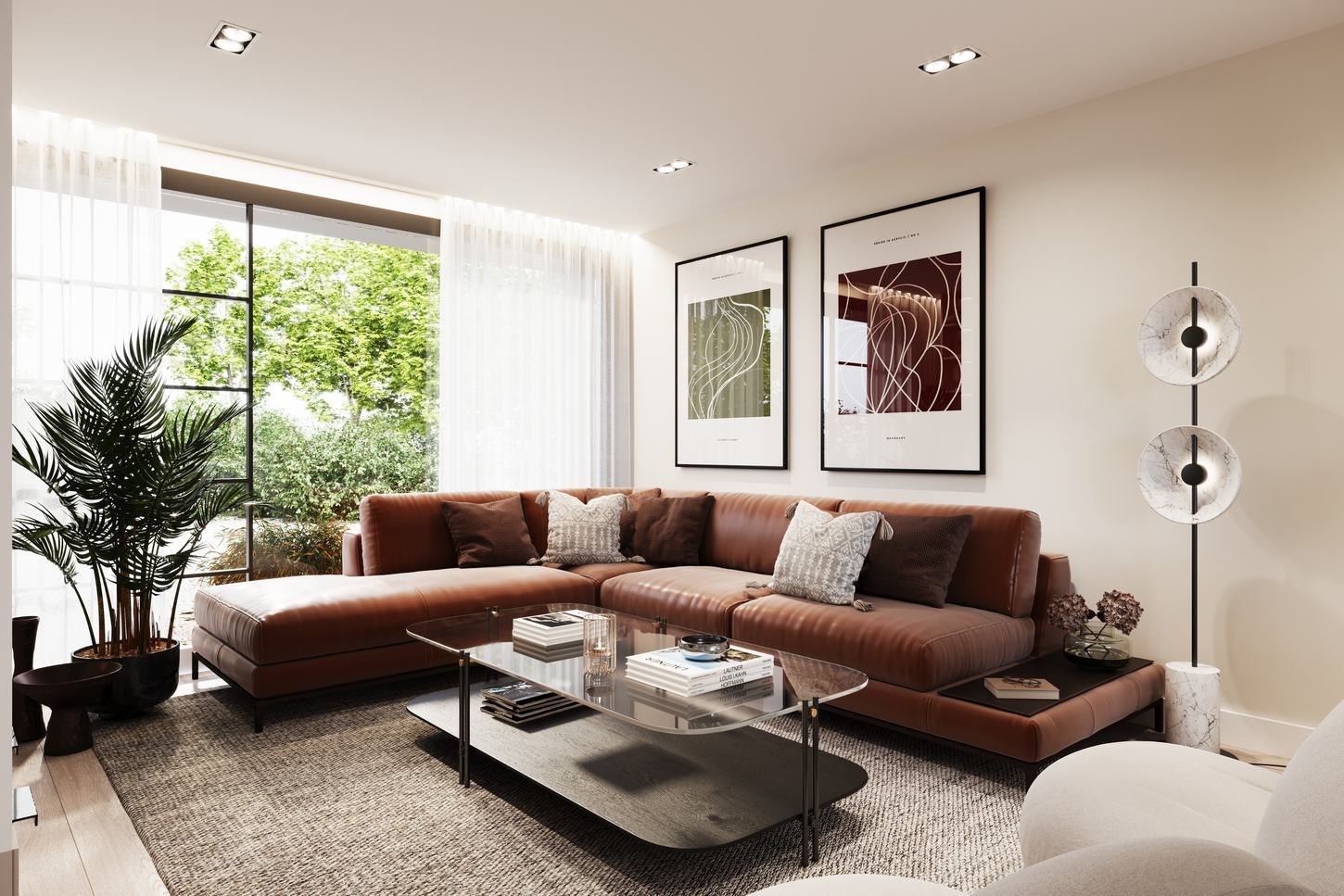 Foxmore Place living room CGI with tan leather sofa and garden outlook, Crystal Palace — by HDEY