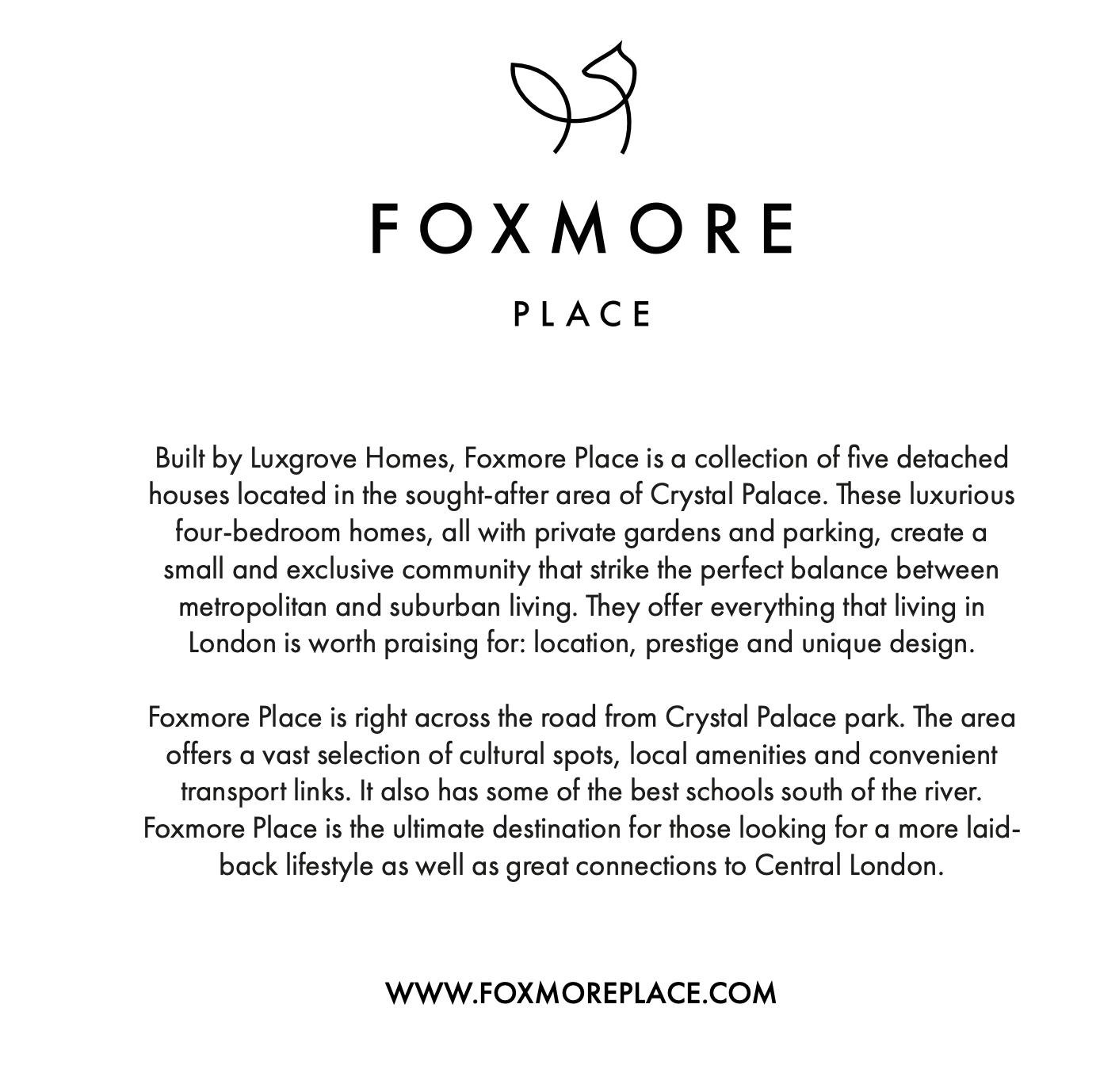 Foxmore Place brand story page setting out the development and its setting, copy by HDEY