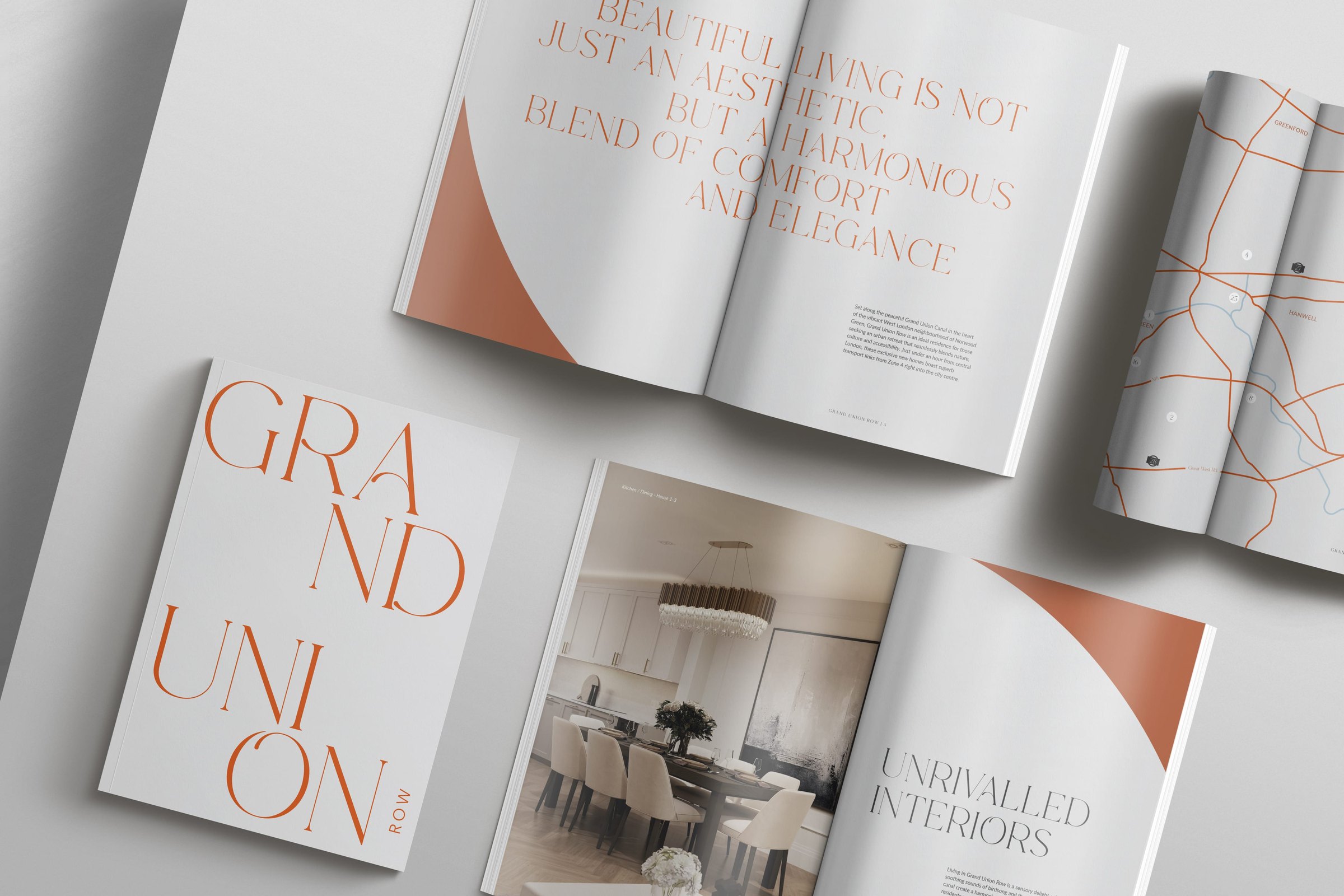 Grand Union Row brochure cover and inside spreads — print design by HDEY