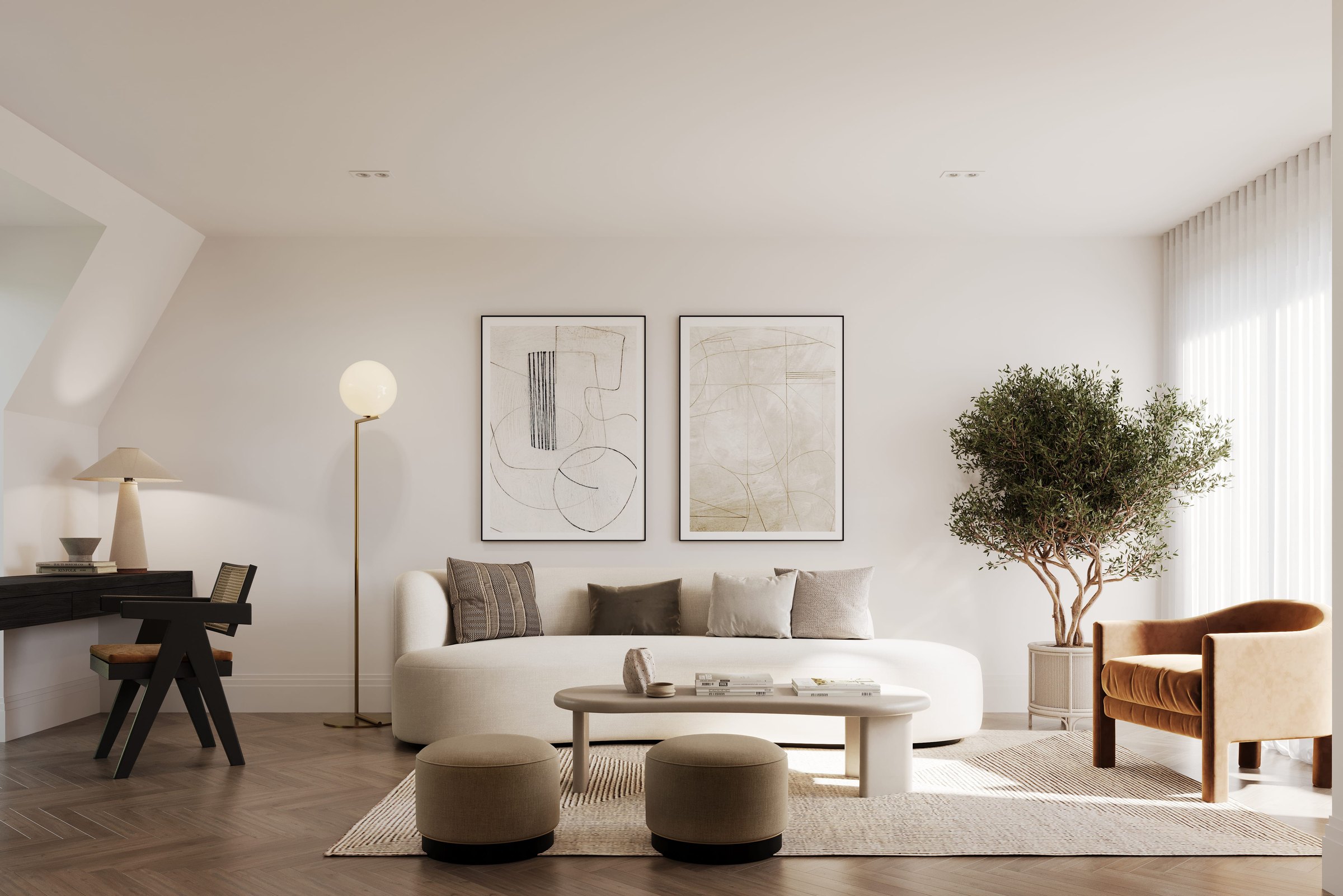 Grand Union Row lounge with warm neutral palette and canal-side light, Norwood Green — interior design by HDEY