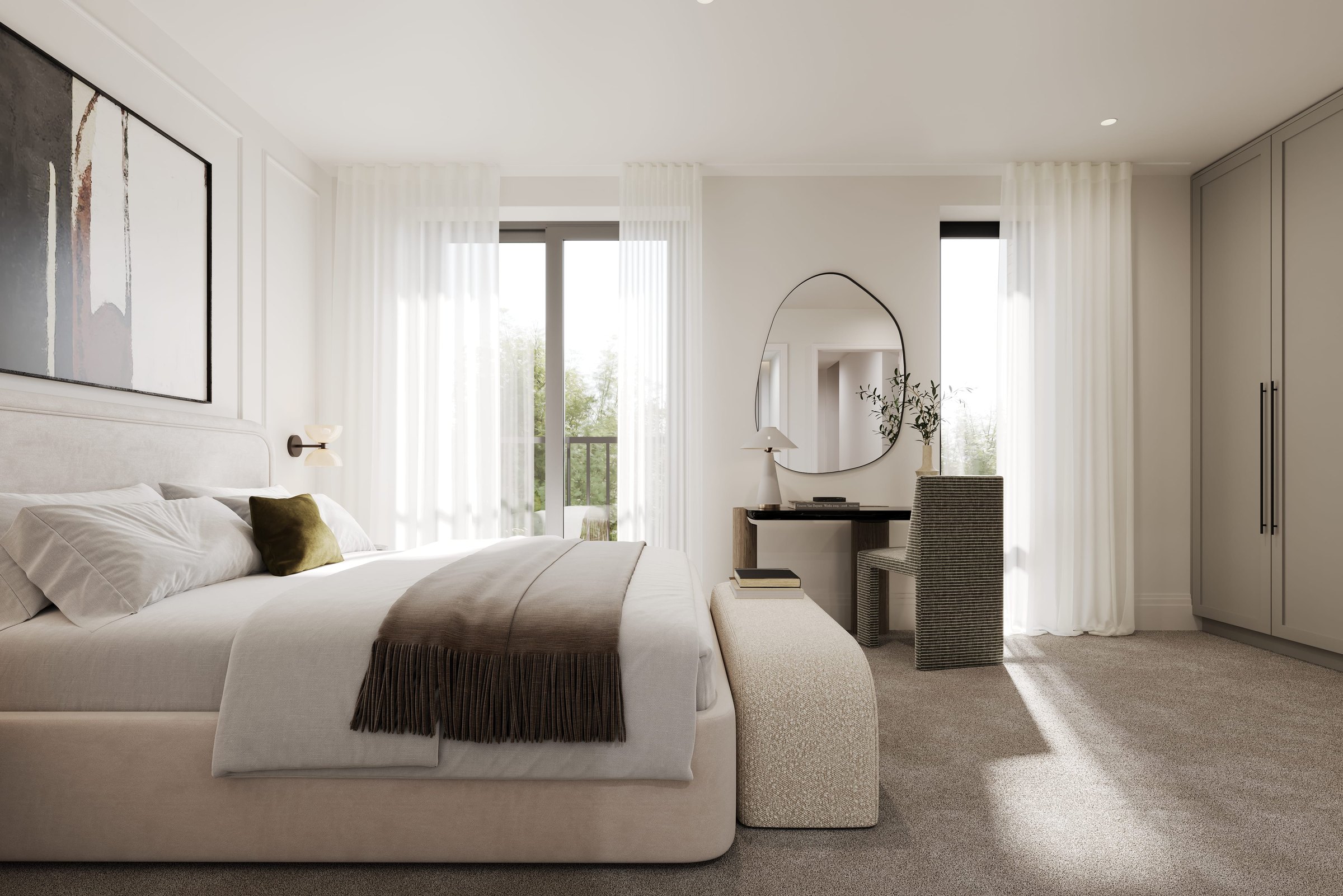 Grand Union Row primary bedroom with soft neutral scheme and natural light, Norwood Green — interior design by HDEY