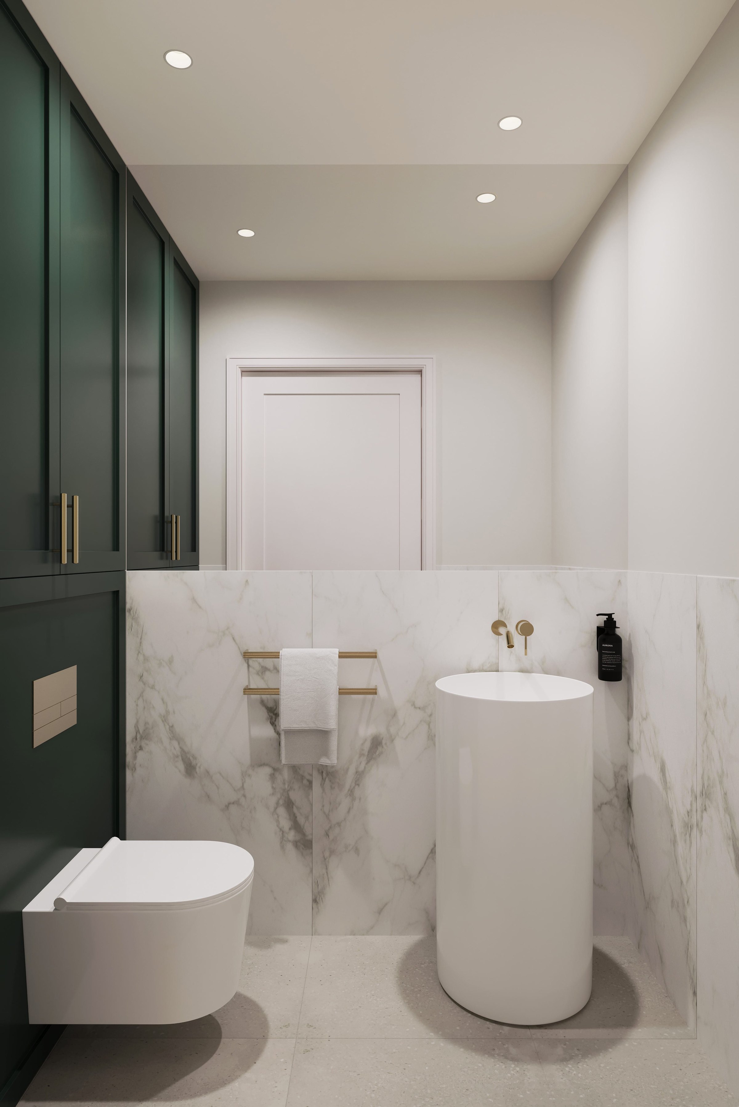 Grand Union Row cloakroom with patterned tile and brass fittings, Norwood Green — interior specification by HDEY