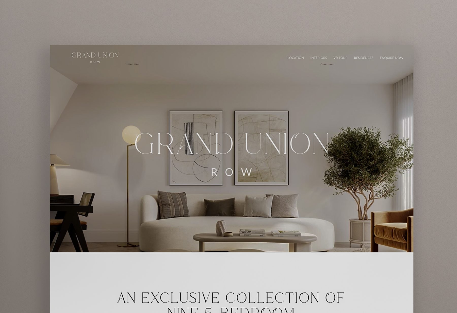 Grand Union Row website homepage with the development logo over a lounge CGI, web design by HDEY