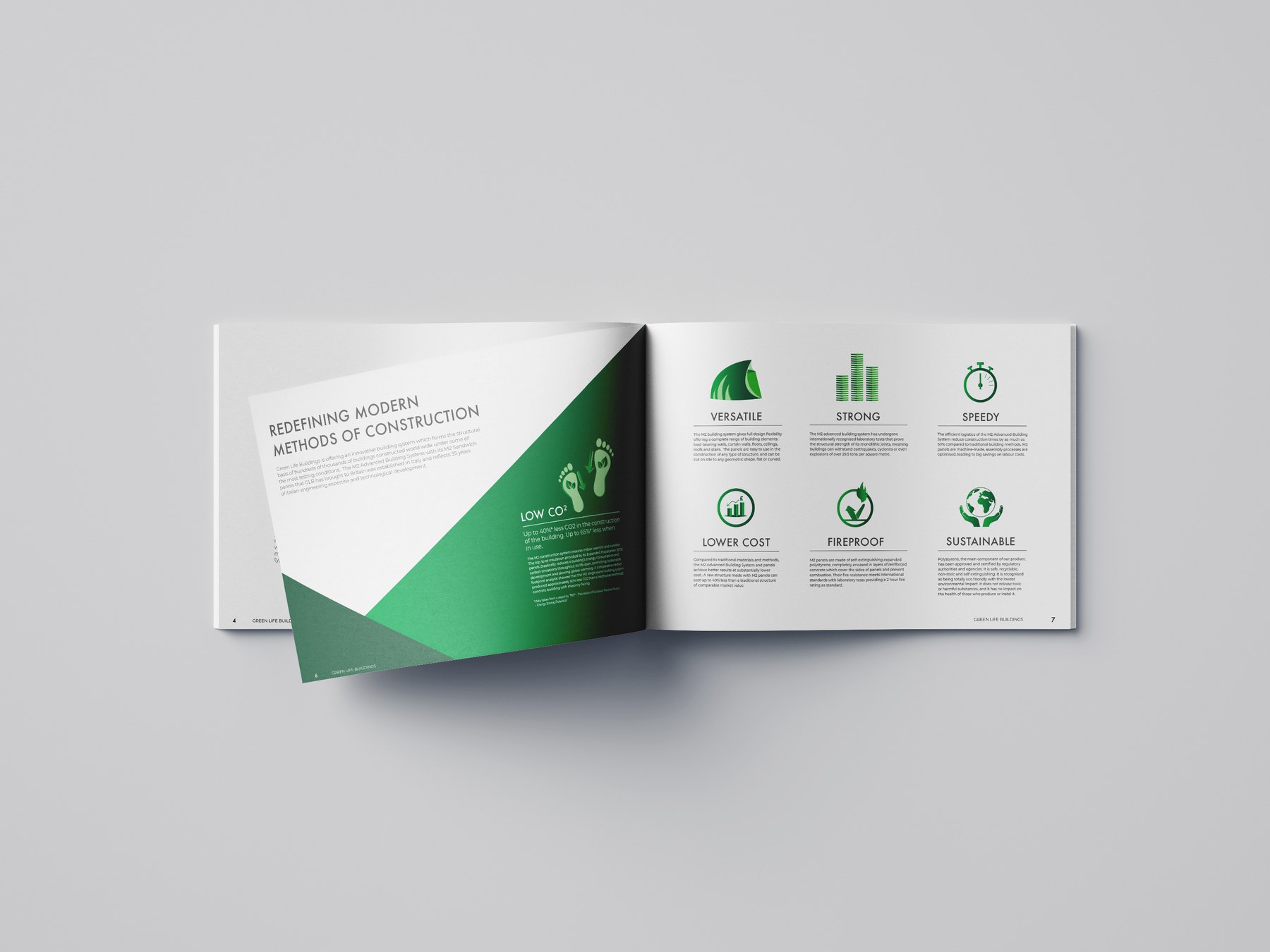 Green Life Buildings brochure open at Redefining Modern Methods of Construction with six benefit icons, print design by HDEY
