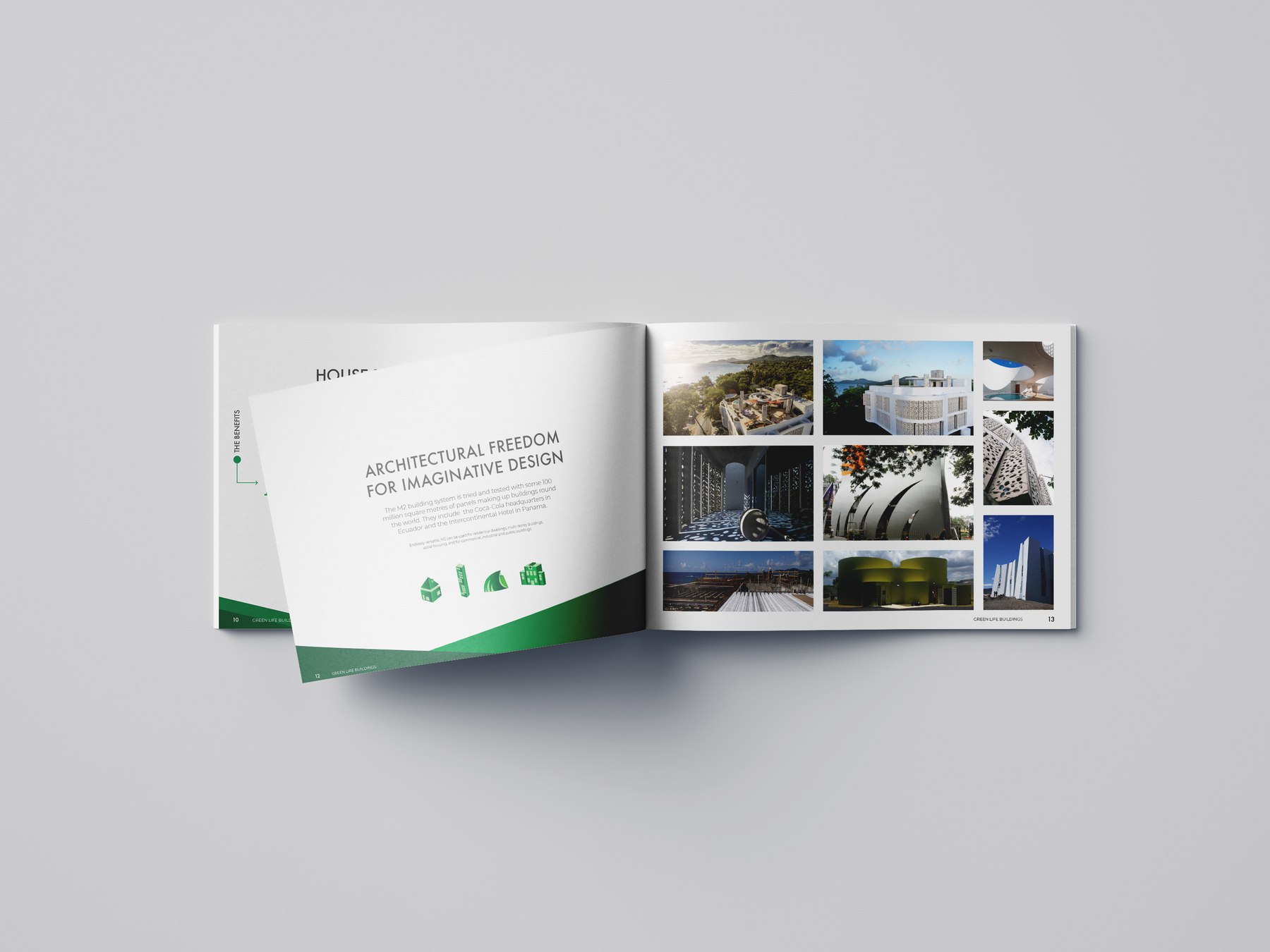 Green Life Buildings brochure open at Architectural Freedom for Imaginative Design with a grid of built examples, print design by HDEY