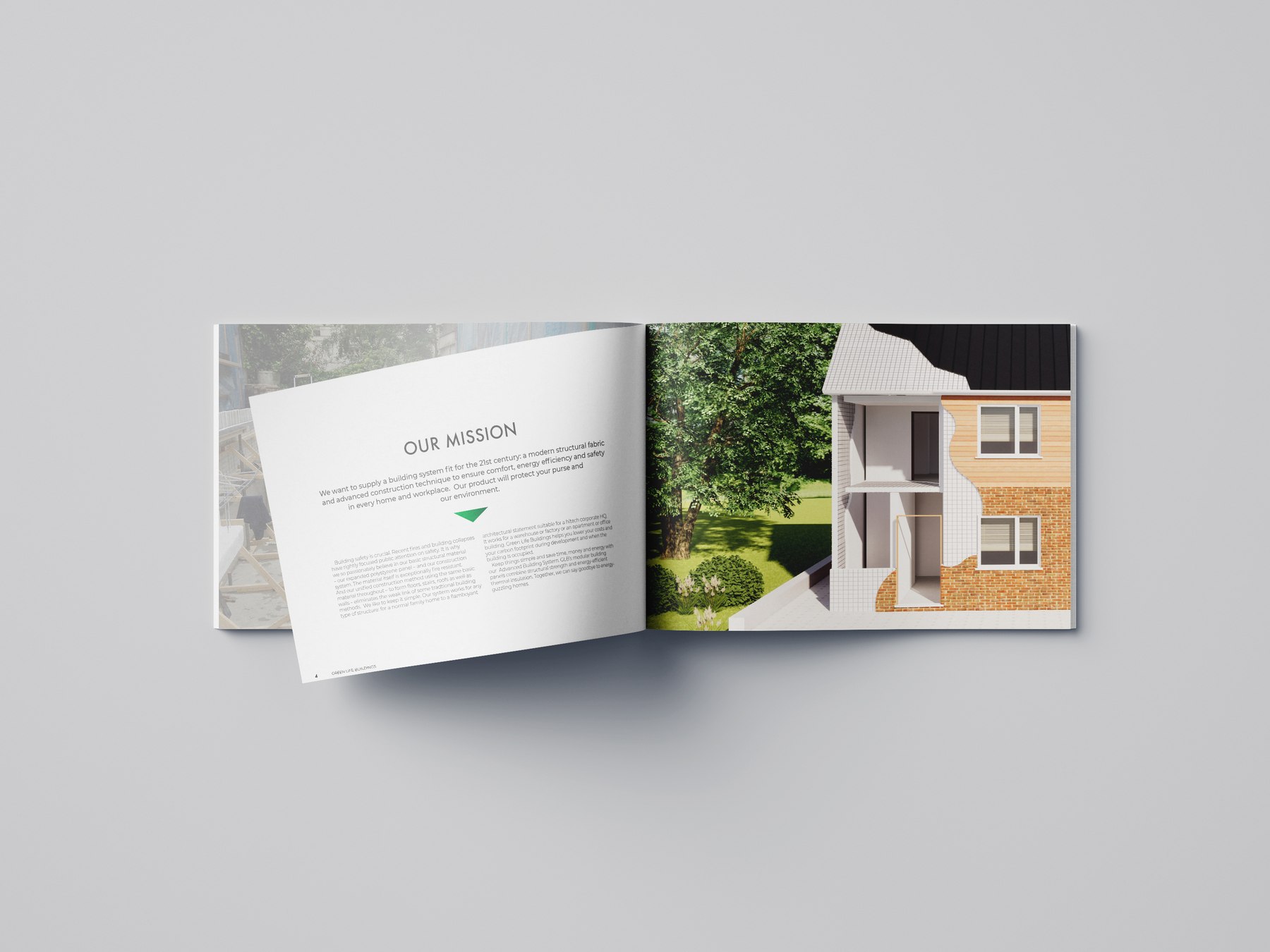 Green Life Buildings brochure open at the Our Mission spread with a cutaway of the building system, print design by HDEY