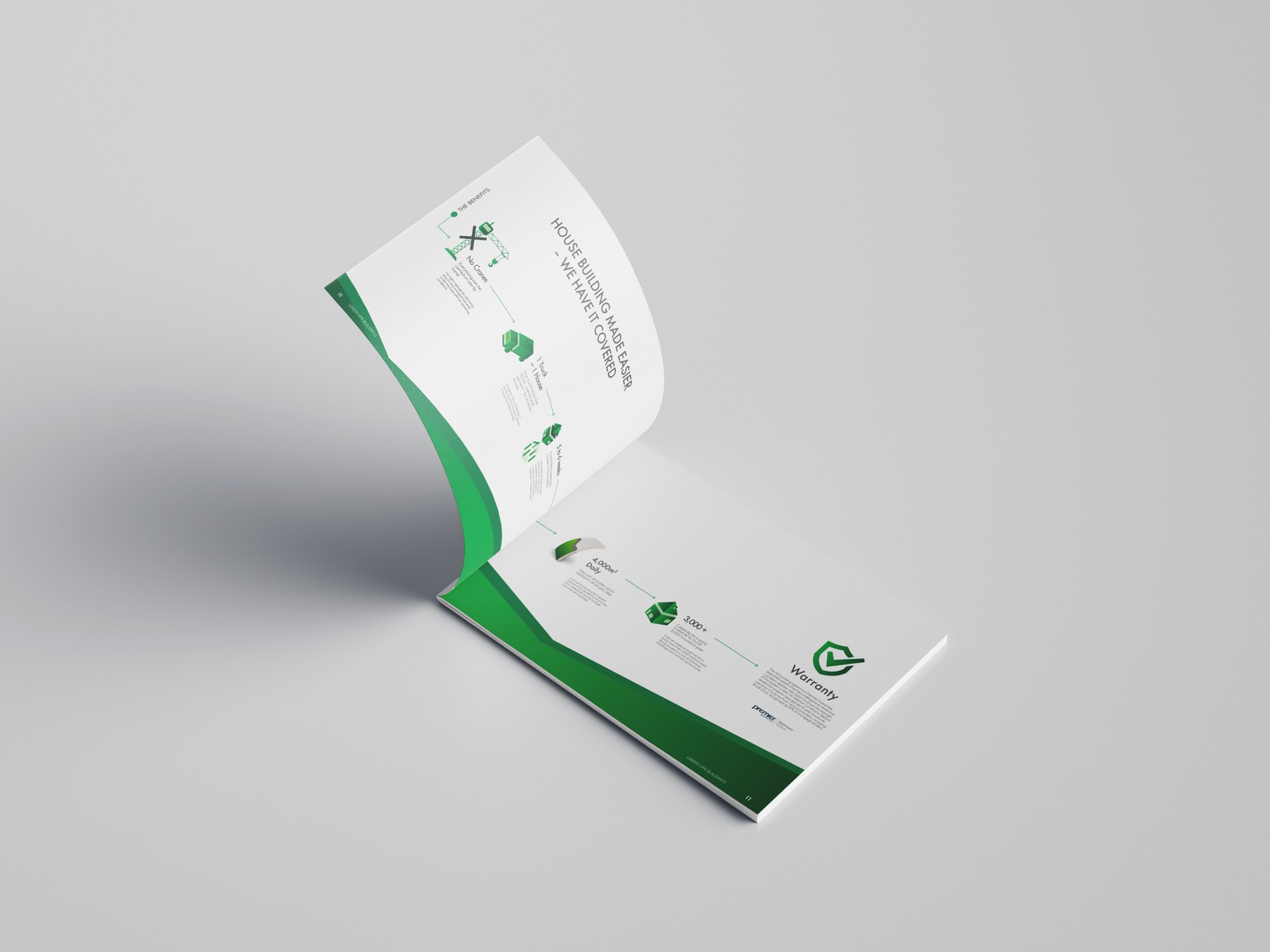 Green Life Buildings brochure open at the House Building Made Easier process flow ending in warranty, infographic design by HDEY