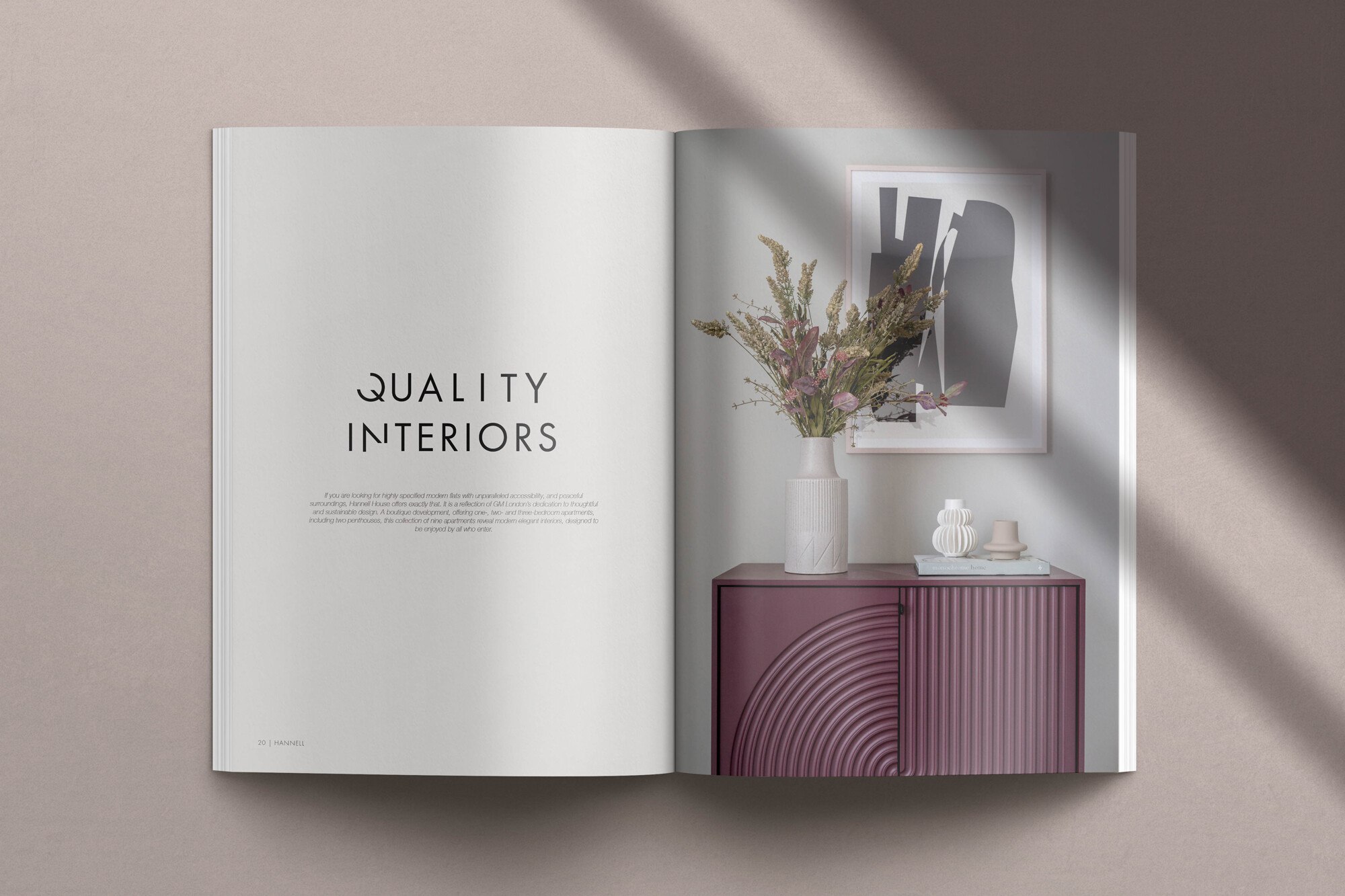 Hannell House brochure Quality Interiors spread, Fulham, print design by HDEY