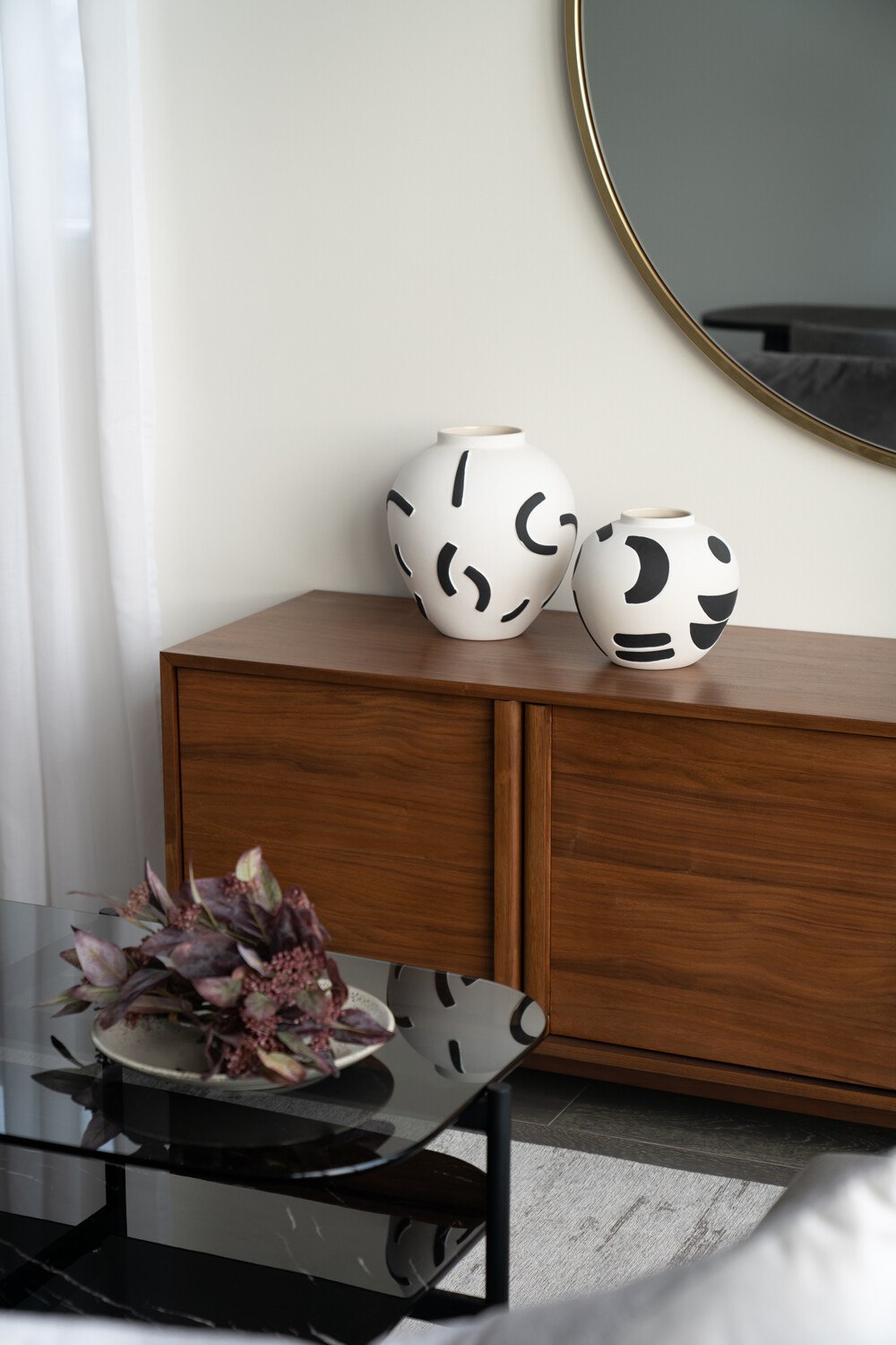 Hannell House show home ceramic detail on the walnut sideboard, Fulham, by HDEY
