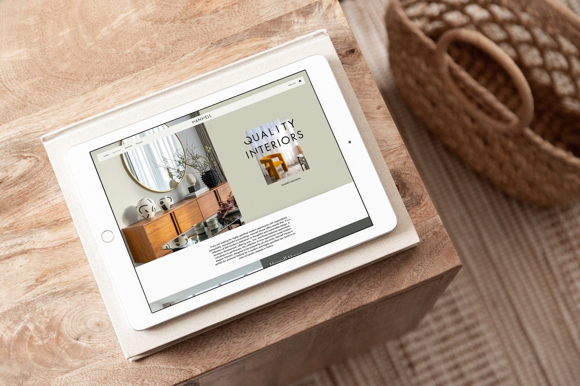 Hannell House website Quality Interiors page shown on an iPad, by HDEY