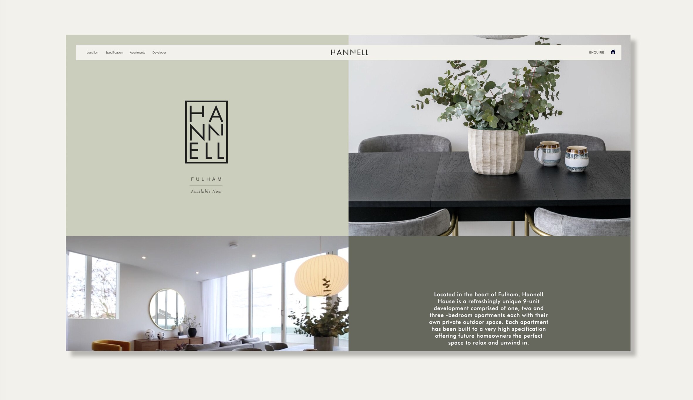 Hannell House website homepage with split panels of monogram and show home photography, by HDEY