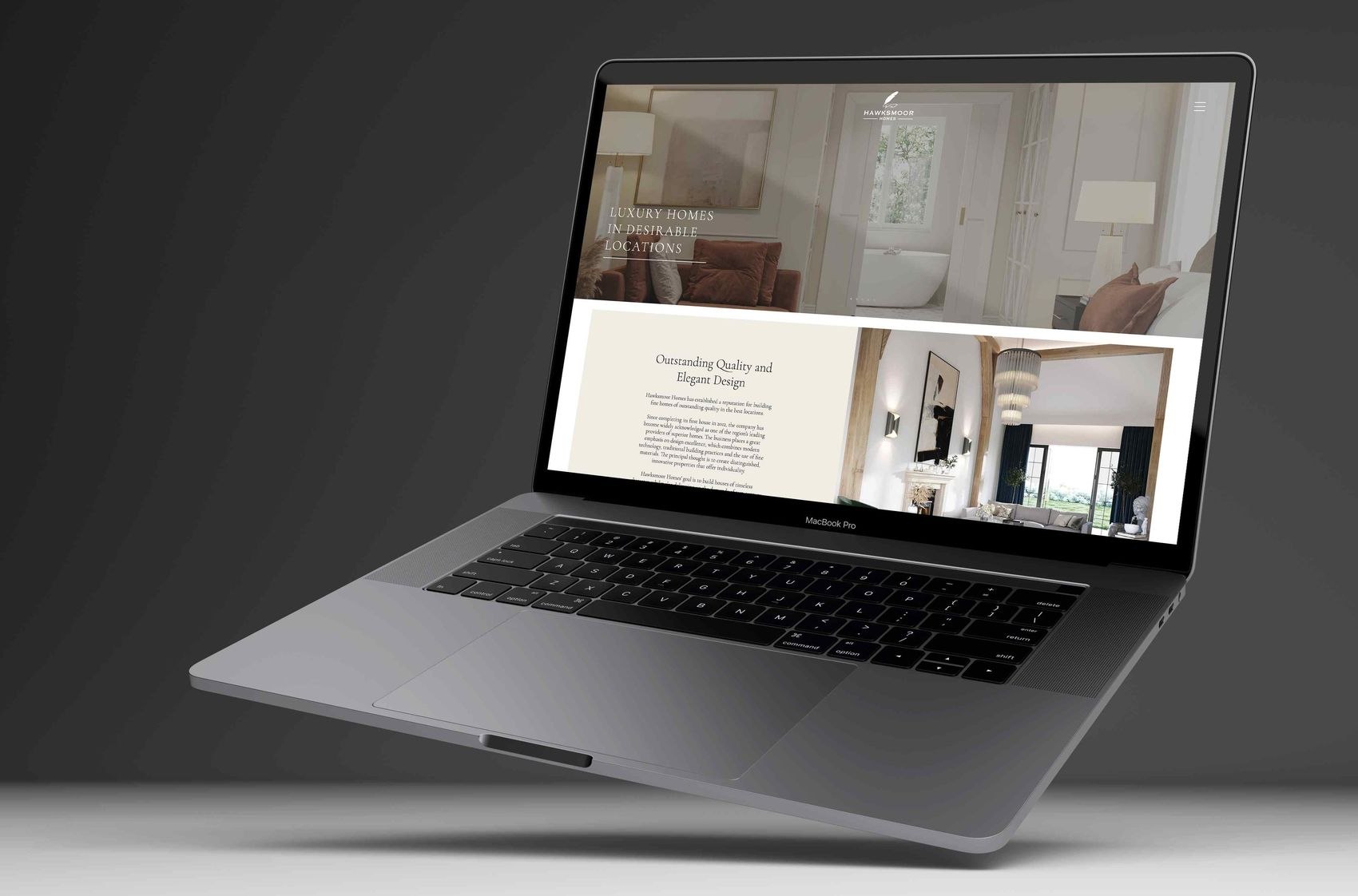 Hawksmoor Homes website homepage shown on a laptop, web design by HDEY