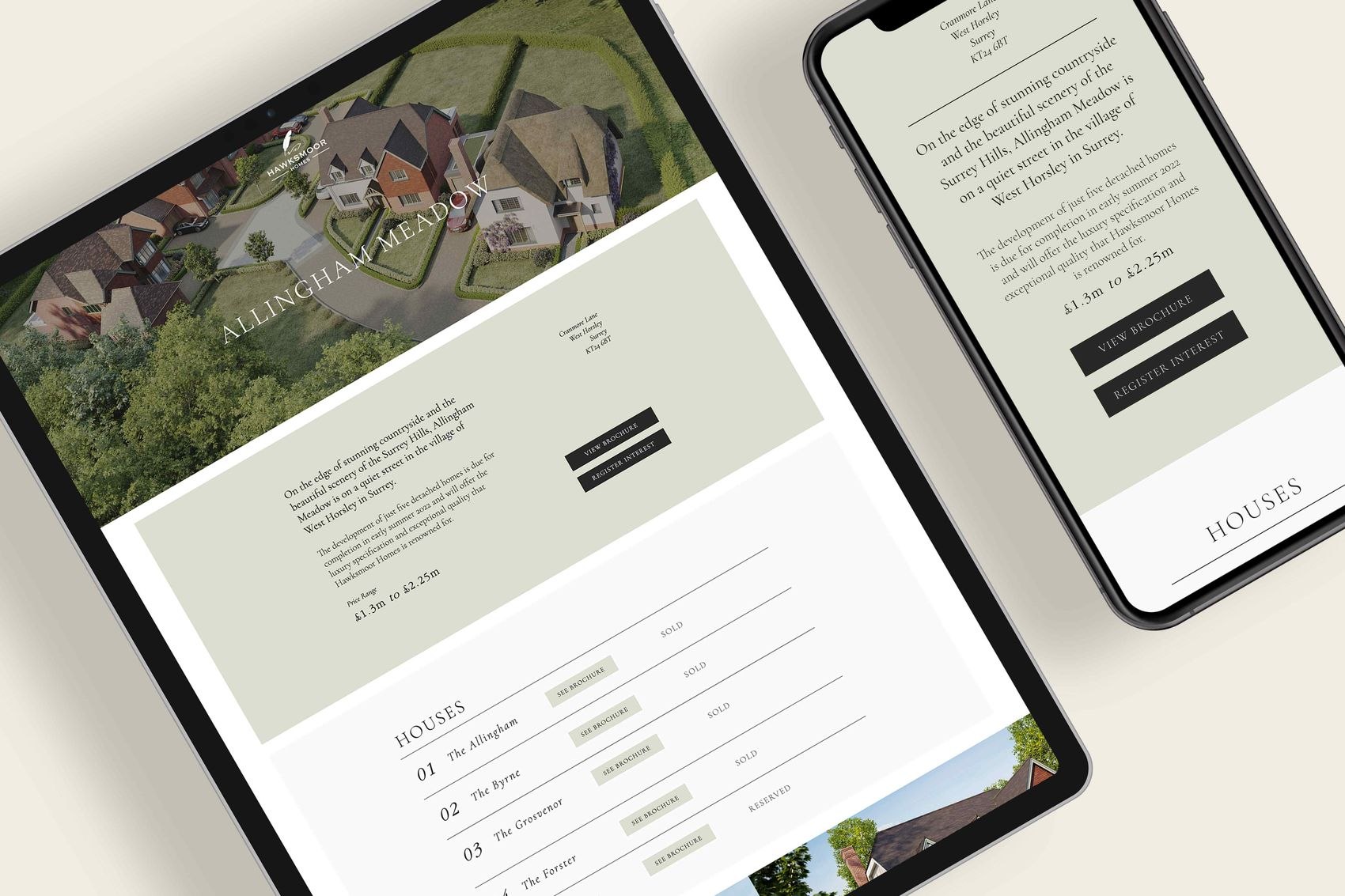 Hawksmoor Homes website Allingham Meadow development page on tablet and phone, showing the site plan and house schedule, web design by HDEY