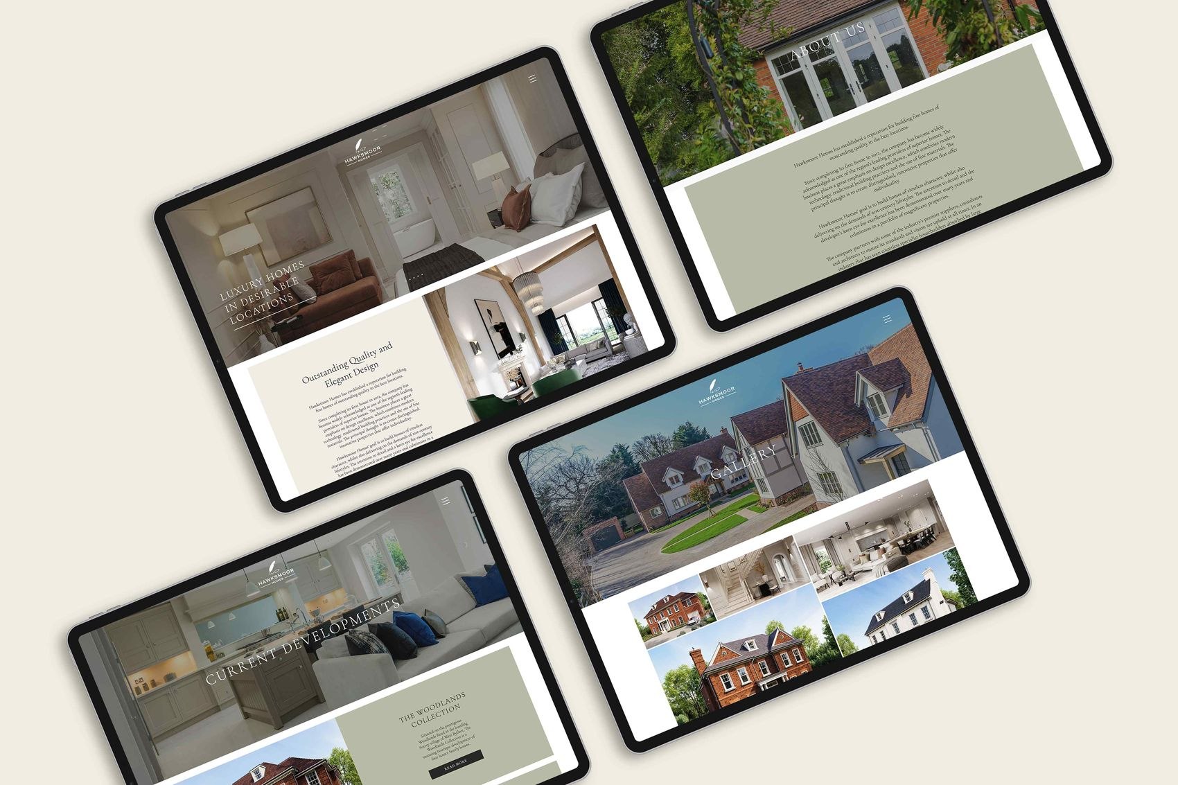 Hawksmoor Homes website shown across four screens, including the homepage and current developments grid, web design by HDEY
