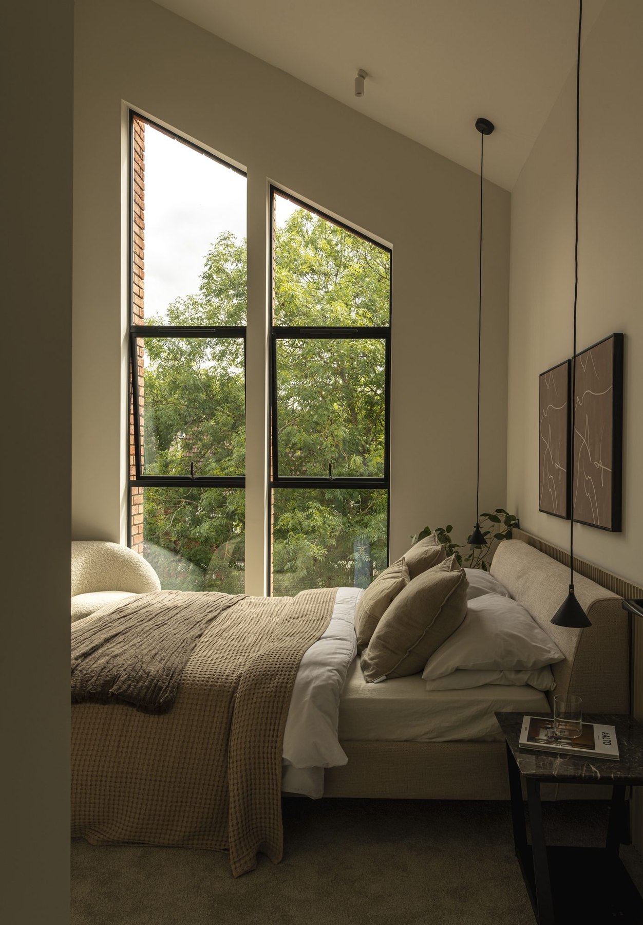 Ivy Gardens bedroom with generous glazing and tree-lined views, Ealing Common — interior design by HDEY
