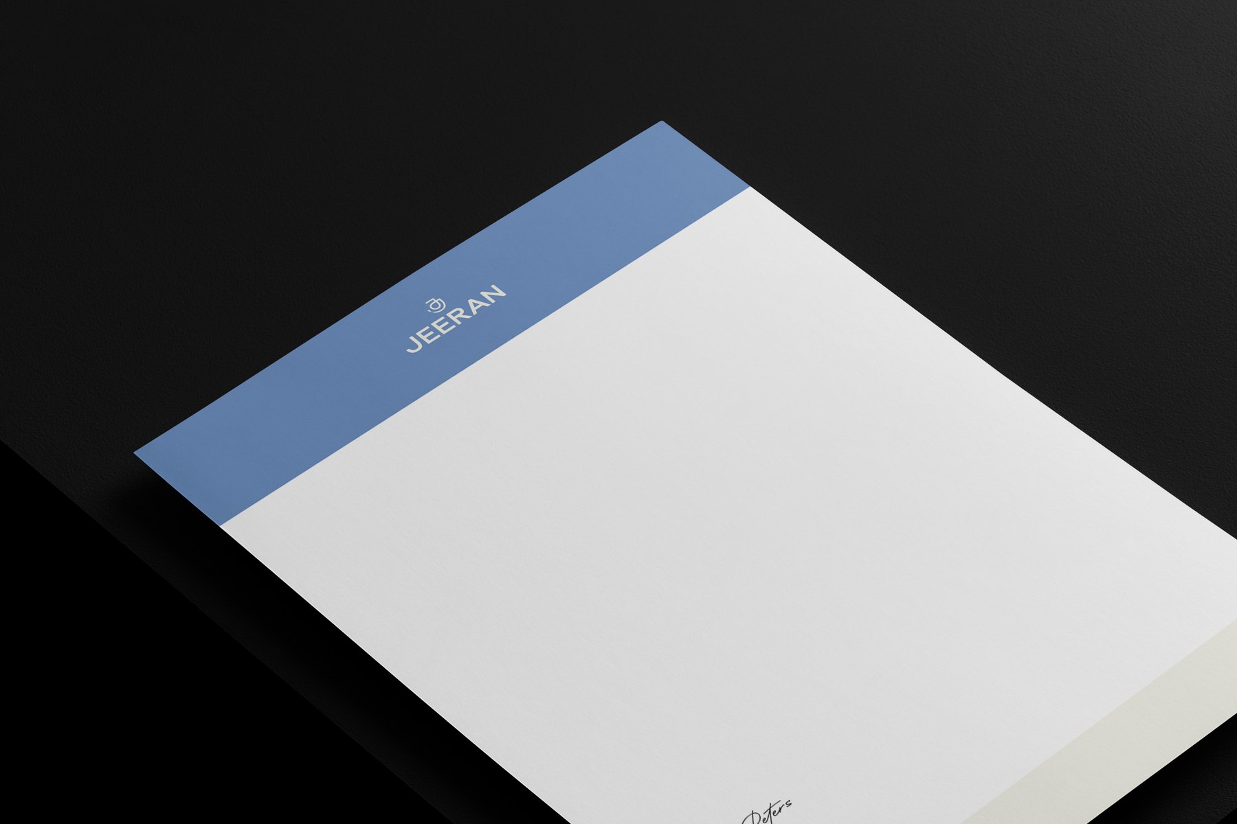 Jeeran letterhead with a cornflower blue header band carrying the logotype, brand identity by HDEY