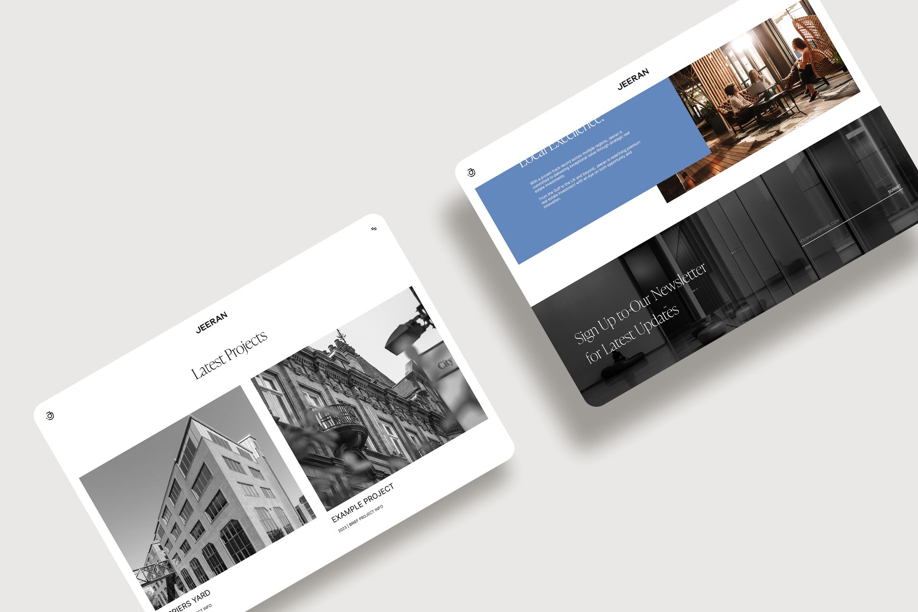 Jeeran landing page concept — the projects grid set in black and white, web design by HDEY