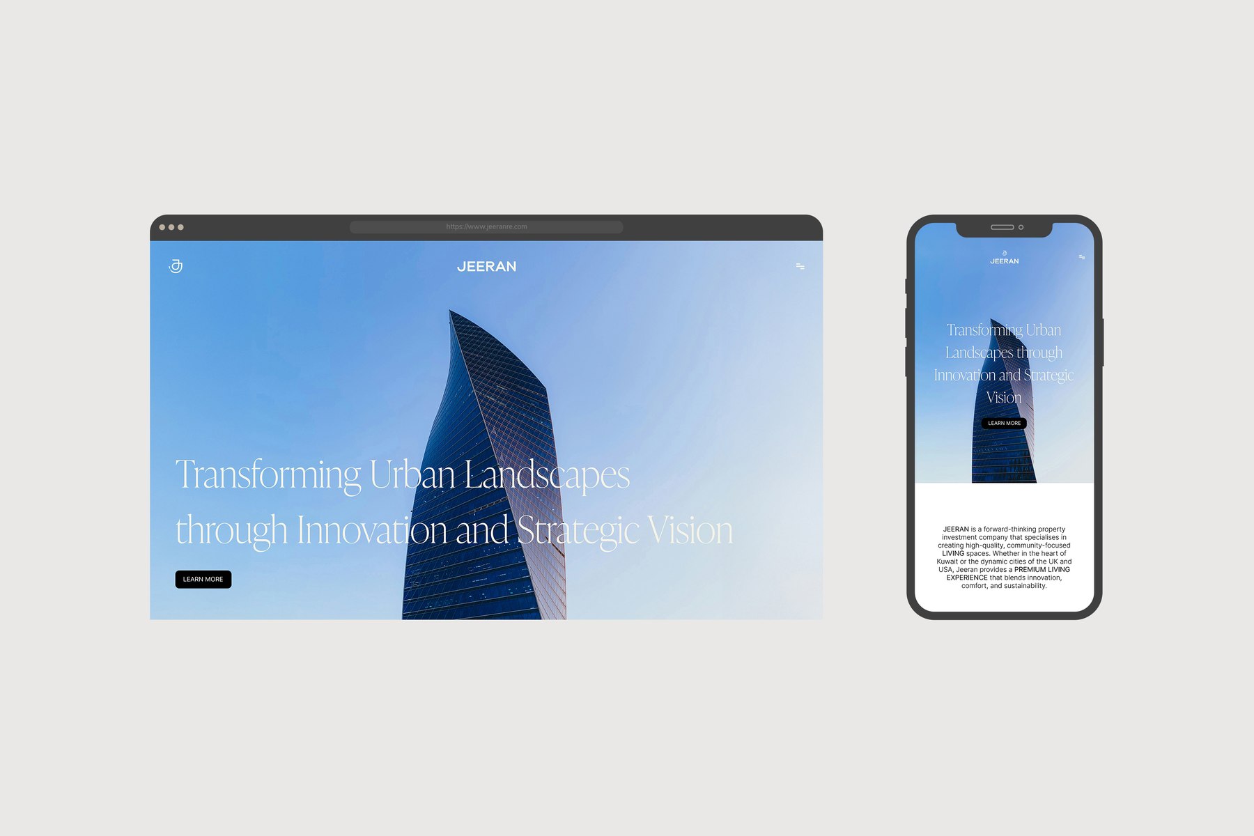 Jeeran landing page concept — the proposition over photography of towers, web design by HDEY