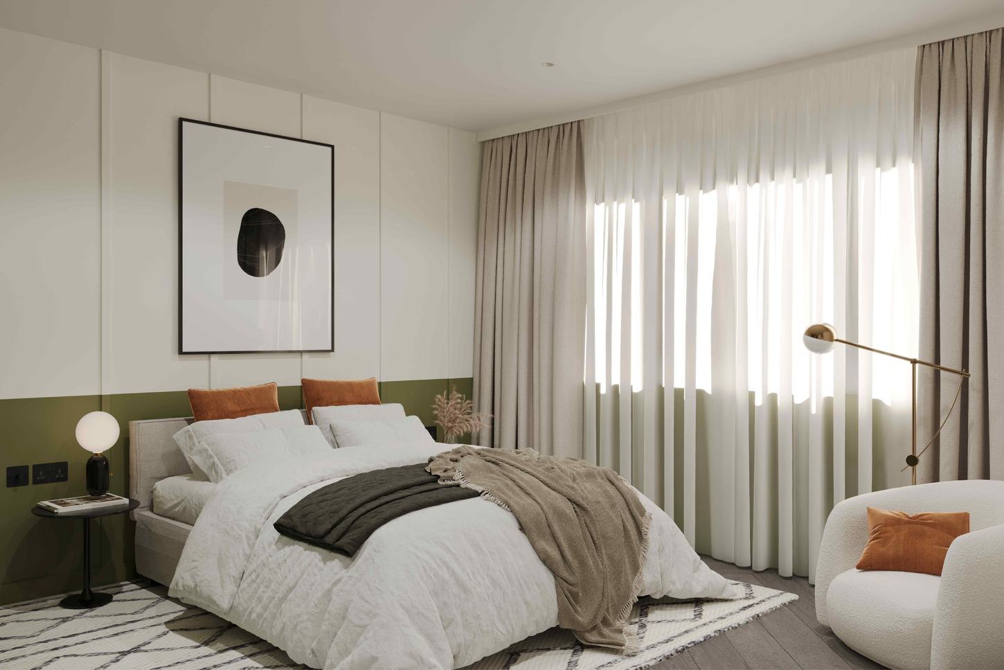 Kasia House show home bedroom CGI with olive green banding and warm accents, Chertsey — by HDEY