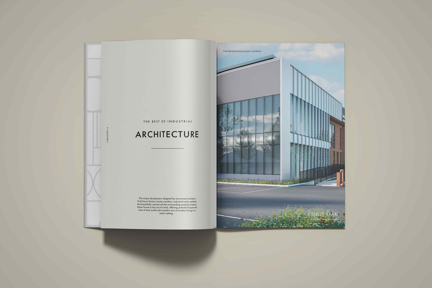 Kasia House brochure open at the architecture spread, print design by HDEY