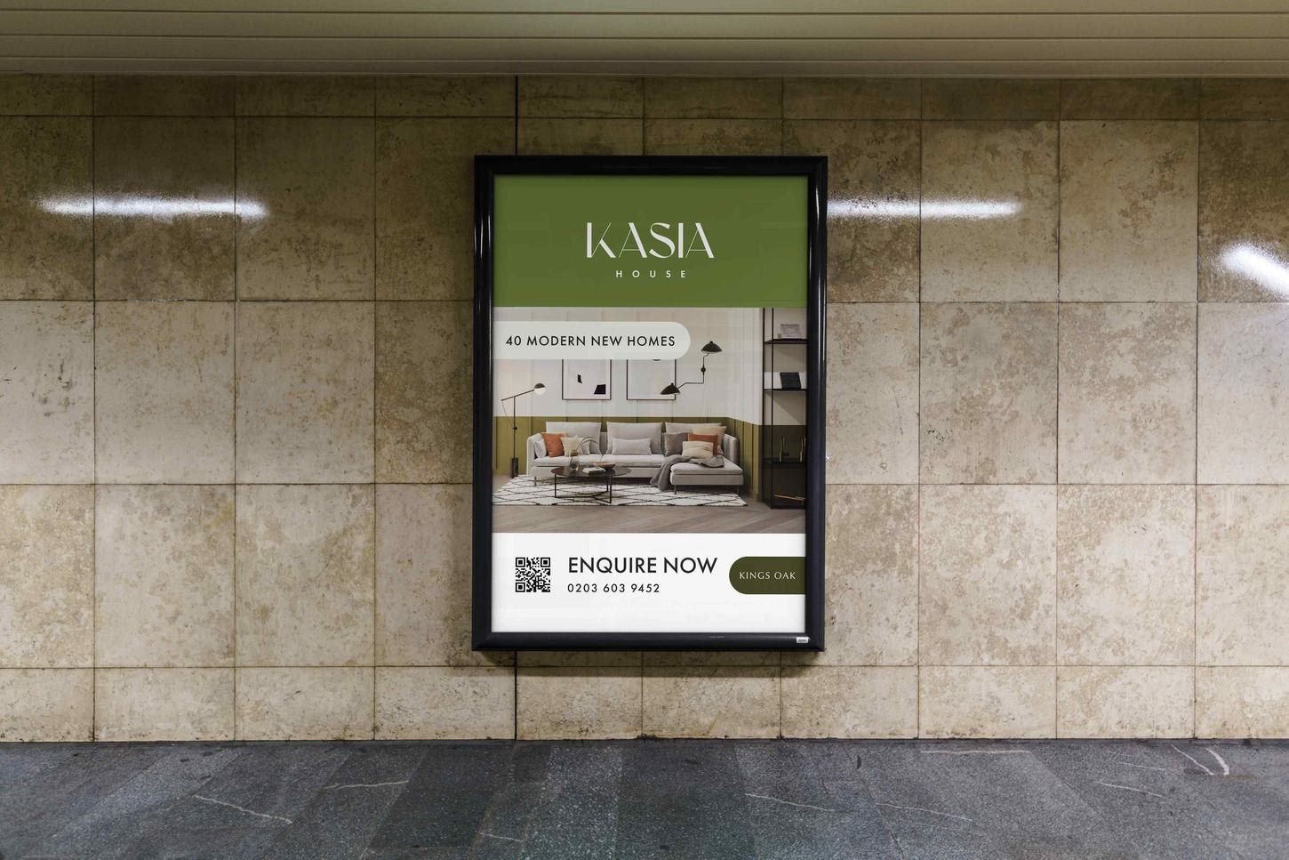Kasia House digital advertising panel reading 40 modern new homes, enquire now, by HDEY