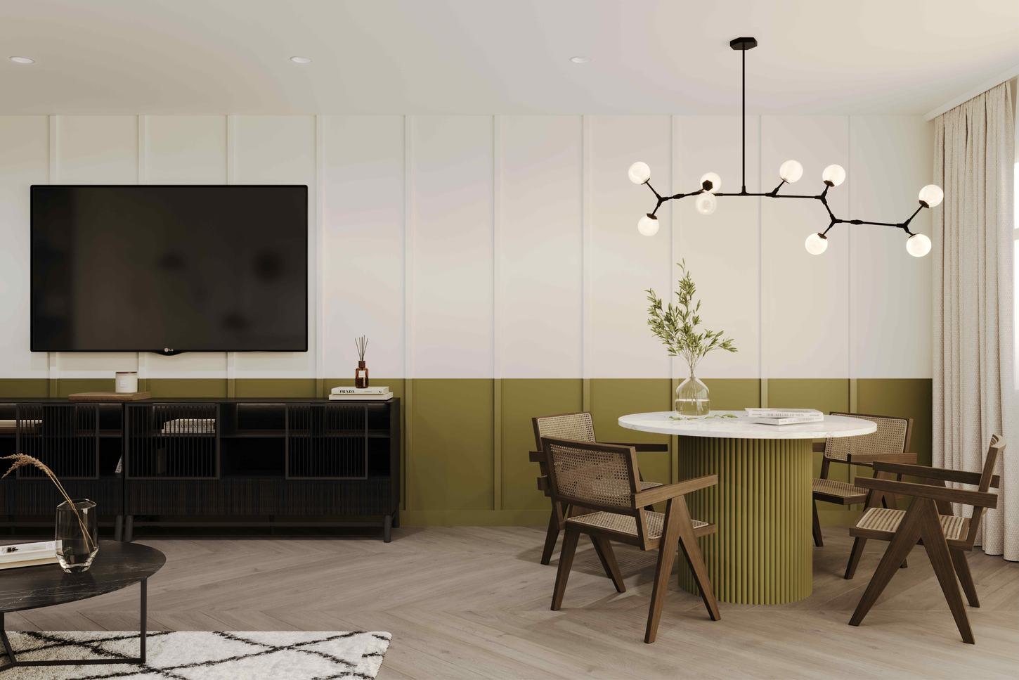 Kasia House marketing suite living area CGI with dining table and pendant, Chertsey — by HDEY