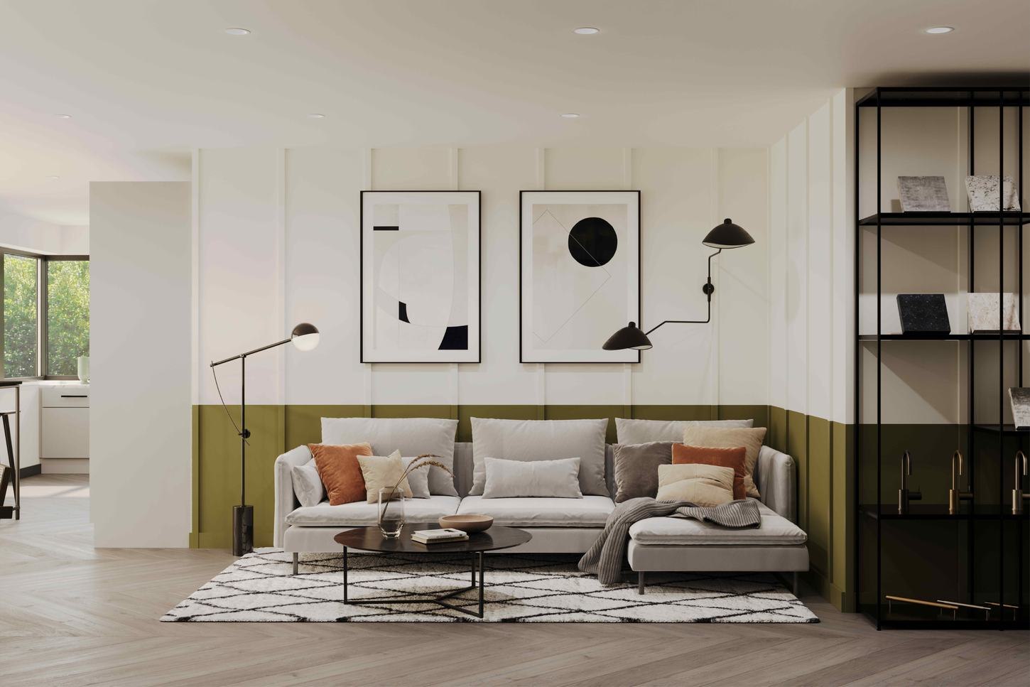 Kasia House marketing suite CGI with olive green banding and pale timber, Chertsey — by HDEY