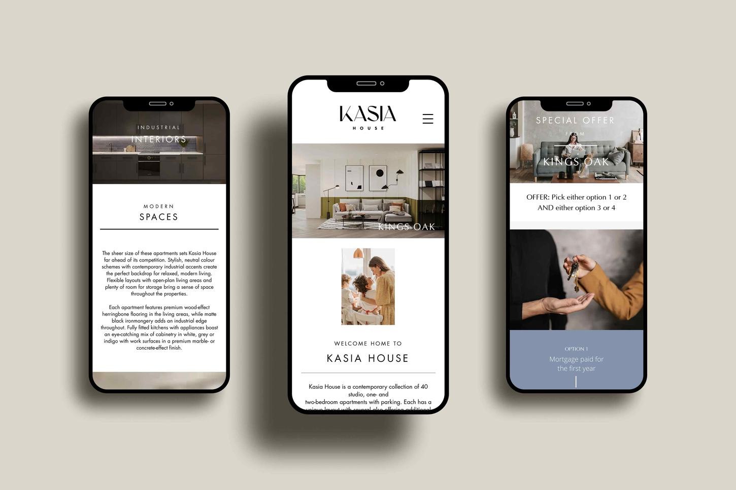 Kasia House website shown across three mobile screens, web design by HDEY