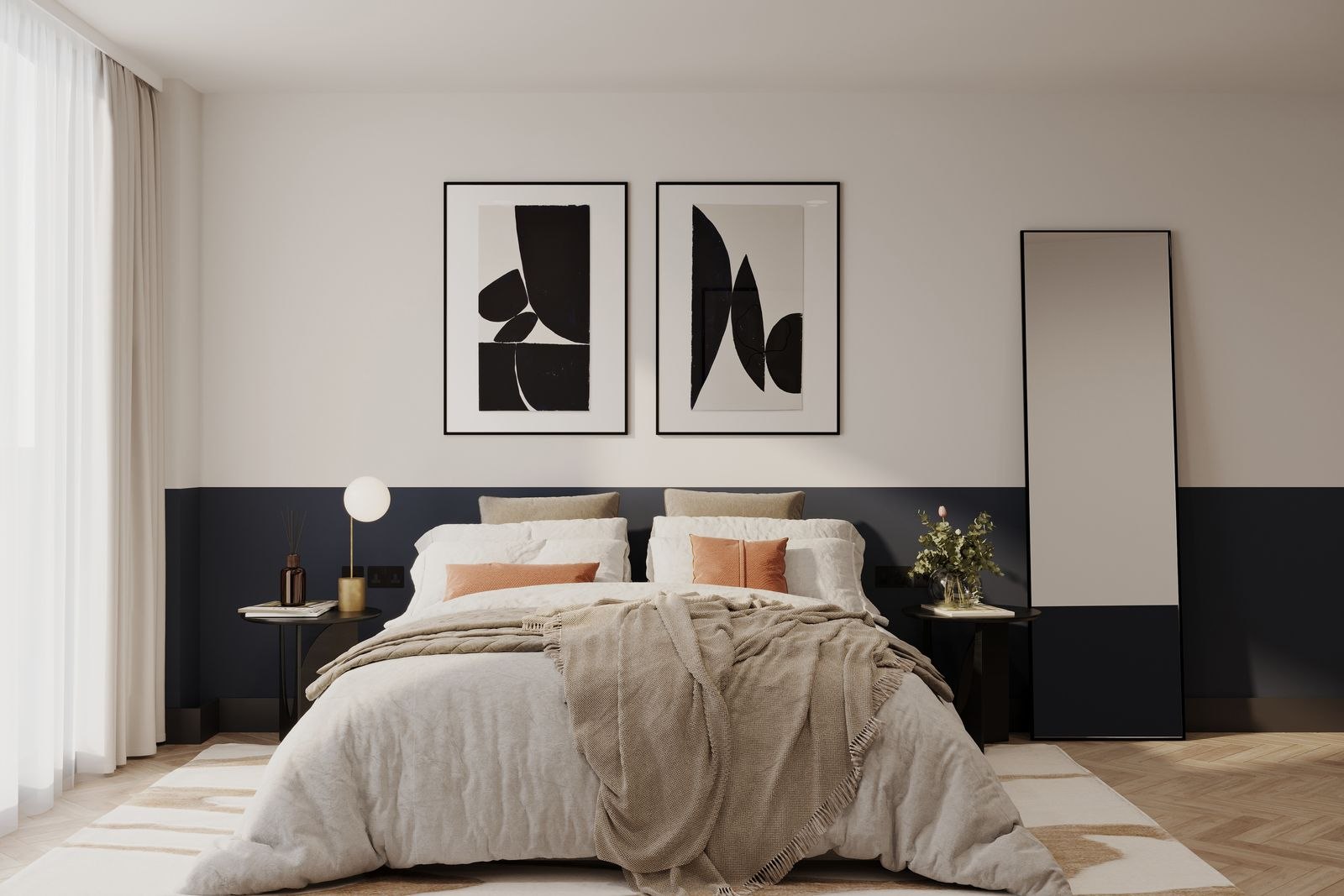 Kavanagh Place bedroom with navy panelled wall and rust accents, Slough, interiors by HDEY